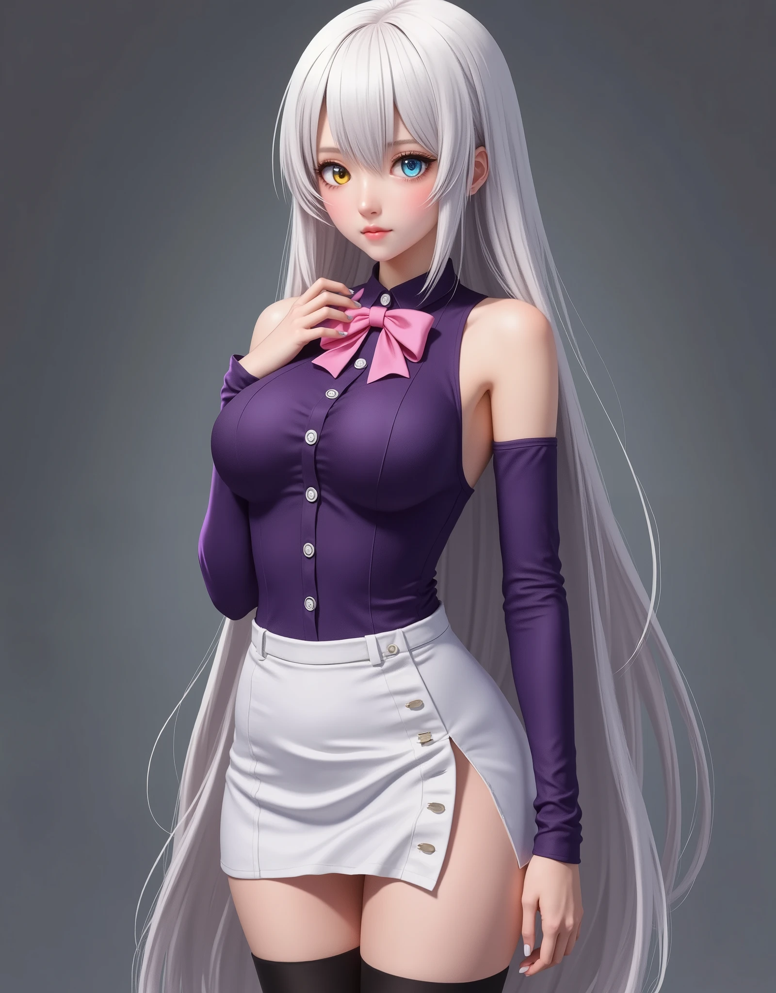 full-body portrait (hyperrealistic) by Elizabeth Liones Nanatsu no Taizai,(white hair),ultra-detailed eyes with ((heterochromia)) yellow gold and blue,emphasized bust,her outfit is a tight sleeveless dark purple shirt with its back exposed with white buttons,wears aa (pink bow tie),(perfect anatomy),He wears his ((bare shoulders)),su mano izquierda wears aa (tight purple sleeve) dark,that contrasts with her (naked right hand),she wears an asymmetric white miniskirt,revealing their legs,which are accented with a single black thigh-high stocking on his right leg,that contrast sharply with his bare left leg,wears a (white high-heeled shoe) on his right foot and a (black high-heeled shoe) on his left foot,(RAW photo),(photorealistic),(Masterpiece),(high quality),(definition 8k ),(ultra detailed),estilo hyperrealistic,fantasy background,cinematic lighting