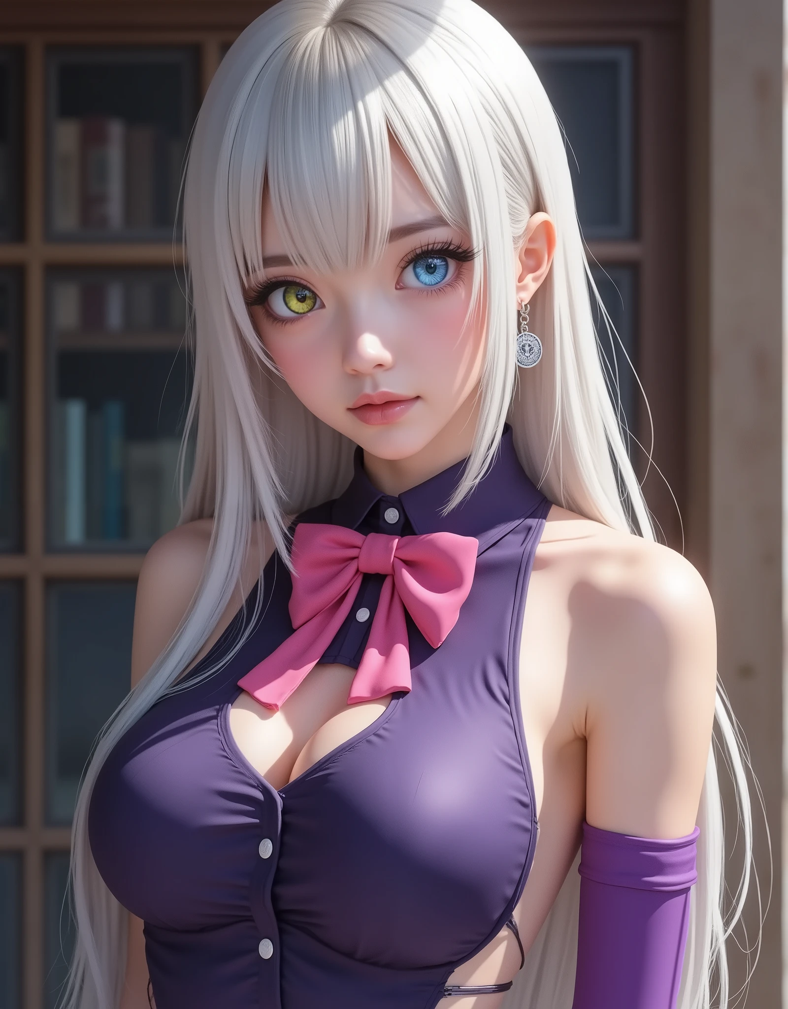 full-body portrait (hyperrealistic) by Elizabeth Liones Nanatsu no Taizai,(white hair),ultra-detailed eyes with ((heterochromia)) yellow gold and blue,emphasized bust,her outfit is a tight sleeveless dark purple shirt with its back exposed with white buttons,wears aa (pink bow tie),(perfect anatomy),He wears his ((bare shoulders)),su mano izquierda wears aa (tight purple sleeve) dark,that contrasts with her (naked right hand),she wears an asymmetric white miniskirt,revealing their legs,which are accented with a single black thigh-high stocking on his right leg,that contrast sharply with his bare left leg,wears a (white high-heeled shoe) on his right foot and a (black high-heeled shoe) on his left foot,(RAW photo),(photorealistic),(Masterpiece),(high quality),(definition 8k ),(ultra detailed),estilo hyperrealistic,fantasy background,cinematic lighting