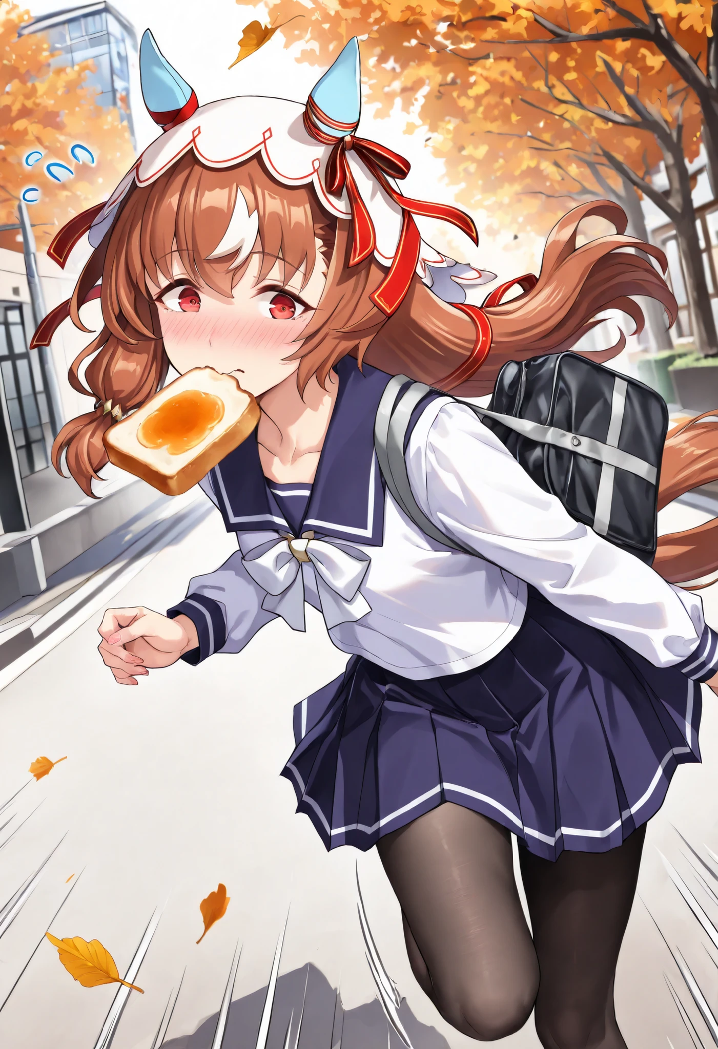 (masterpiece, best quality, perfect face:1.4), wide angle, Still in Love \(umamusume\), brown hair, red eyes, long hair, streaked hair, horse ears, ear cover, ear ornament, veil, red hair ribbon, small breasts, horse tail, tail on the lower back, proportional body, proportional,1 girl, beautiful hair, beautiful face, beautiful detailed eyes, beautiful clavicle, beautiful body, beautiful chest, beautiful thigh, beautiful legs, beautiful fingers, BREAK, face focus, dynamic angle, upper body, dynamic pose, toast in mouth, running, standing on one leg, earrings, nails, lip, flustered, nose blush, wavy mouth, flying sweatdrops, serafuku, white shirt, long sleeve, black tights, school bag, background, street, sunlight, wall, tree, autumn, motion line, vertical speed lines, motion blur on background, floating hair, wind, (solo:1.3), textured skin, realistic skin, HDR, BREAK, (perfect hands, perfect anatomy),