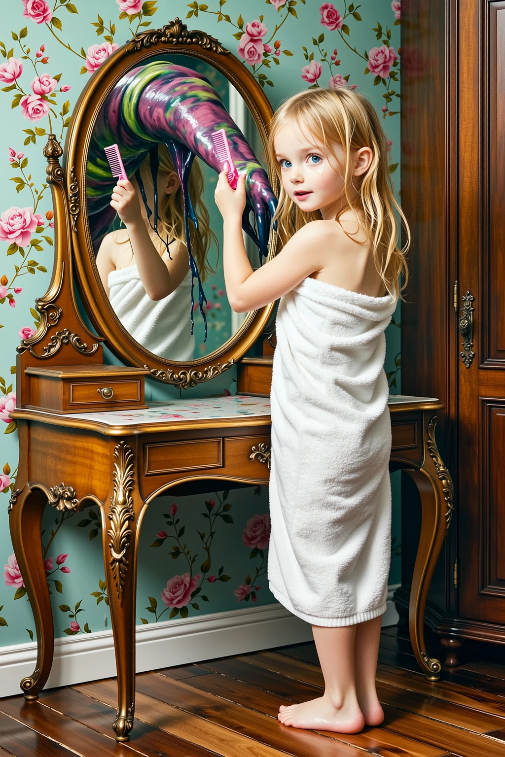 a young girl sees her mother putting make up and mimics her moves, the mother an adult woman holding make up brush, the girl also holding a make up brush in front of the mirror, (highest quality:1.2, Very detailed, up to date, Vibrant, Ultra-high resolution, High Contrast, masterpiece:1.2, highest quality, Best aesthetics), best details, best quality, highres, ultra wide angle, 16k, [ultra detailed], masterpiece, best quality, (extremely detailed), 