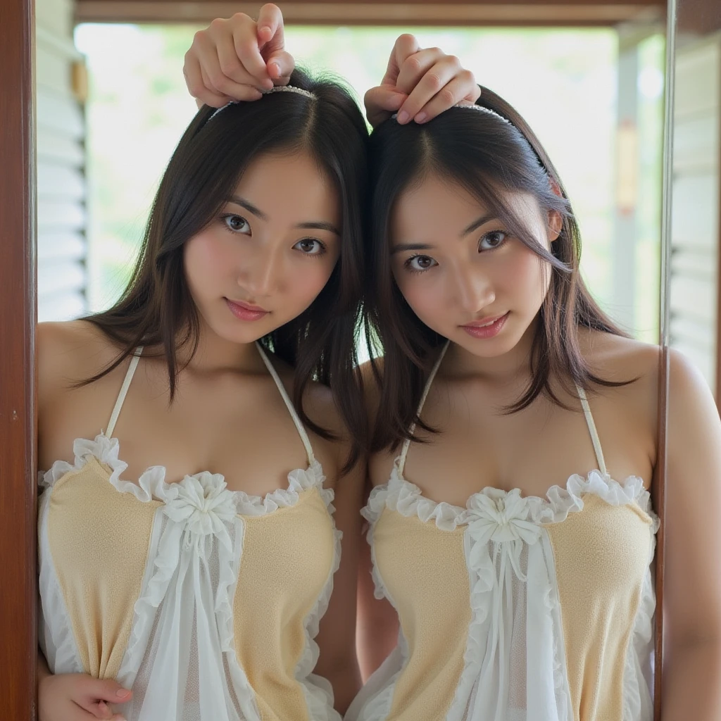 Two girls standing at ear window in school classroom,White dress,White 、bangs,Scared short hair with low pigtails,from before,Front light,((12 year old 、slender、delicate、 clavicle and flat 、Very small breasty whole body is soaked、Clothes are wet and are showing through