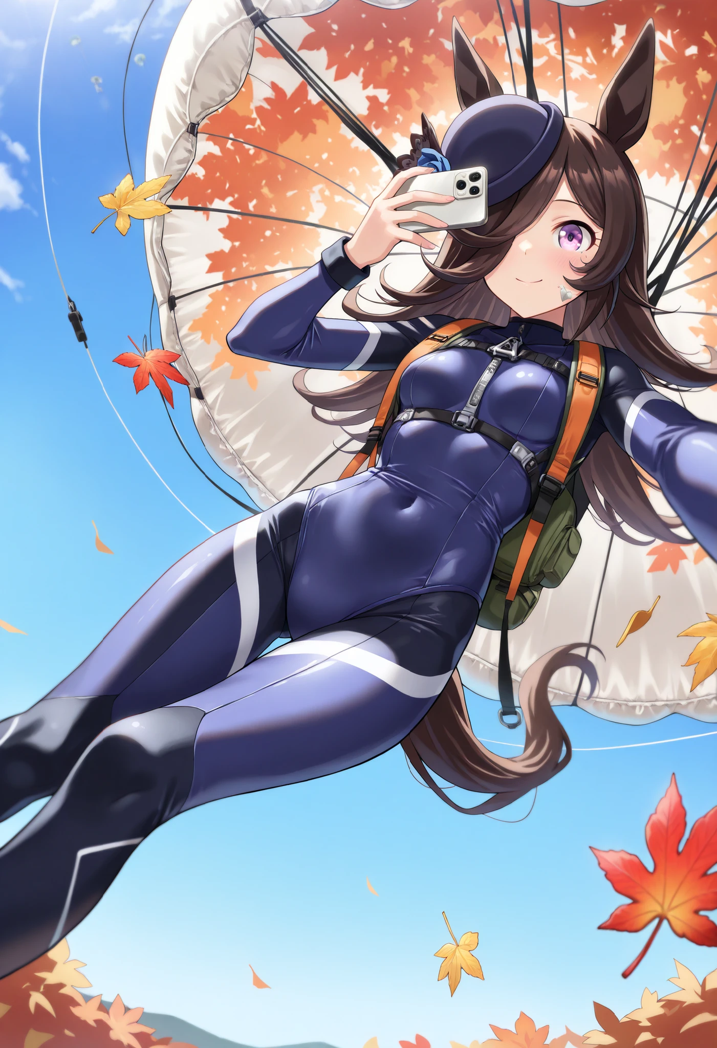 (masterpiece, best quality, perfect face:1.4), wide angle, Rice shower \(umamusume\), brown hair, long hair, purple eyes, bangs, long bangs, long hair, small breasts, hair covering right eye, horse tail, horse ears, ear ornament, (hat), tail on the lower back, proportional body, proportional, charming poses, beautiful hair, beautiful face, beautiful detailed eyes, beautiful clavicle, beautiful body, beautiful chest, beautiful thigh, beautiful legs, beautiful fingers, BREAK, from below , midair, falling, ((parachute attached to back, show entire parachute )), smile, taking selfie, holding phone, peace_sign, skydiving outfit, BREAK (( autumn leaves of trees below)), flowers blooming in the garden in the fall season in far distance, in motion, distant Cosmos, finely drawn hair, blue sky, (sharp lines:1.1,((dutch angle)), BREAK, Ergonomically Correct Body, textured skin, realistic skin, HDR, BREAK, (perfect hands, perfect anatomy),
