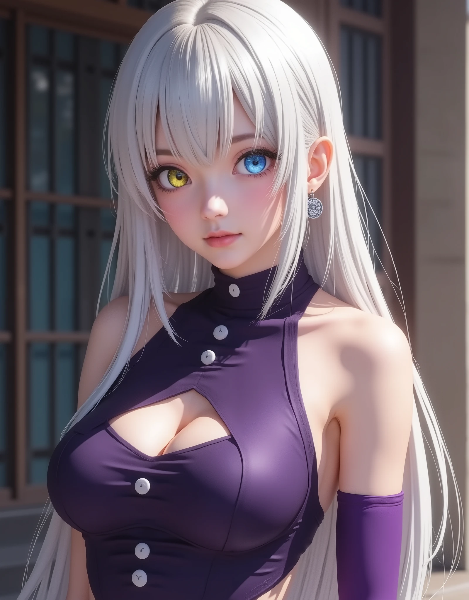 Elizabeth Liones (hyperrealistic) Nanatsu no taizai,white hair,ultra-detailed eyes with ((heterochromia)) yellow gold and blue,emphasized bust,her outfit is a tight sleeveless dark purple shirt with its back exposed with white buttons,wears aa corbata en forma de moño color rosa,perfect body,He wears his ((bare shoulders)),su mano izquierda wears aa (tight purple sleeve) dark,that contrasts with her (naked right hand),she wears an asymmetric white skirt,revealing their legs,which are accented with a single black thigh-high stocking on his right leg,that contrast sharply with his bare left leg,wears a (white shoe) on his right foot and one (color black) on his left foot,(RAW photo),(photorealistic),(Masterpiece),(high quality),(definition 8k ),(ultra detailed),estilo hyperrealistic,fantasy background,cinematic lighting