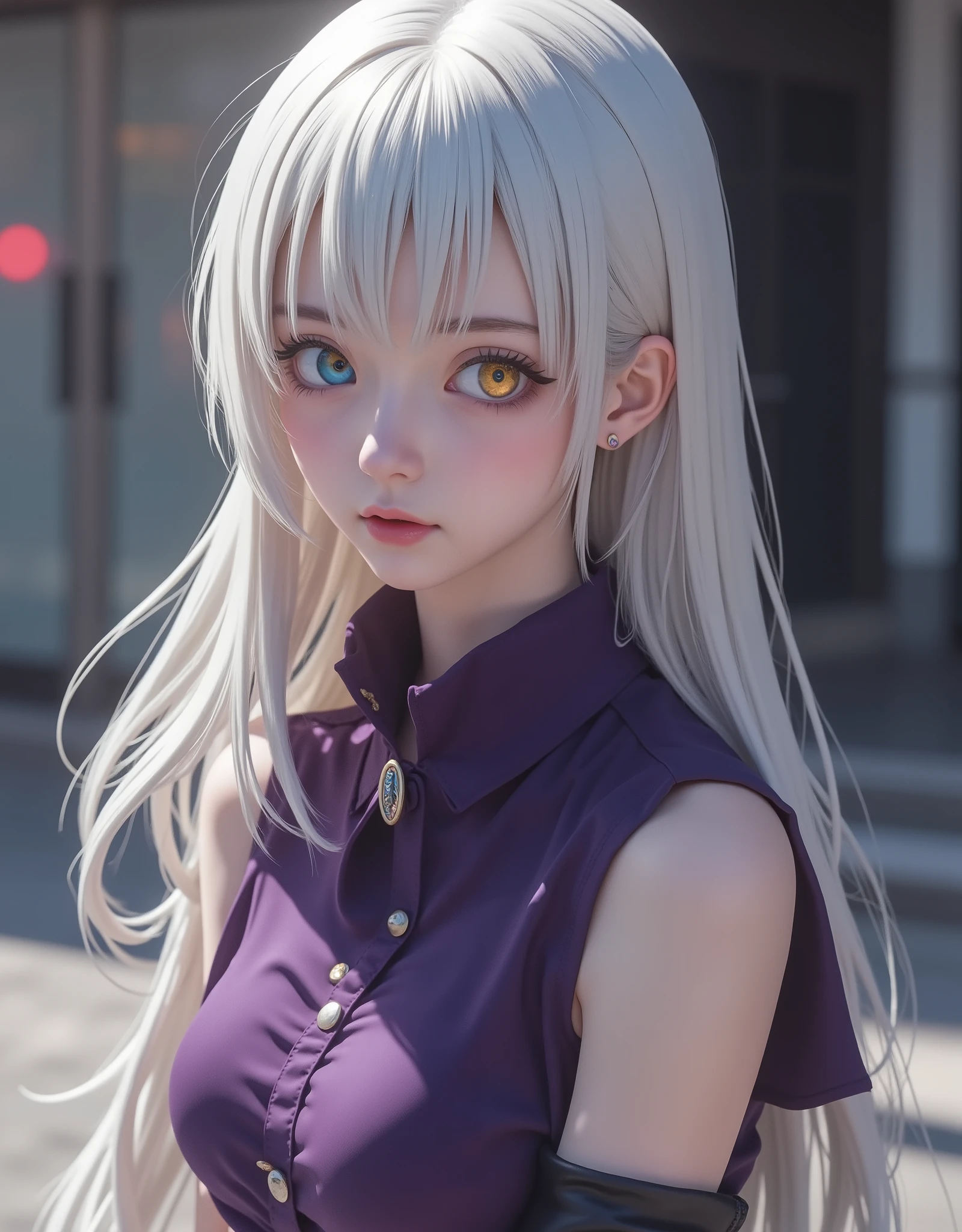 Elizabeth Liones (hyperrealistic) Nanatsu no taizai,white hair,ultra-detailed eyes with ((heterochromia)) yellow gold and blue,emphasized bust,her outfit is a tight sleeveless dark purple shirt with its back exposed with white buttons,wears aa corbata en forma de moño color rosa,perfect body,He wears his ((bare shoulders)),su mano izquierda wears aa (tight purple sleeve) dark,that contrasts with her (naked right hand),she wears an asymmetric white skirt,revealing their legs,which are accented with a single black thigh-high stocking on his right leg,that contrast sharply with his bare left leg,wears a (white shoe) on his right foot and one (color black) on his left foot,(RAW photo),(photorealistic),(Masterpiece),(high quality),(definition 8k ),(ultra detailed),estilo hyperrealistic,fantasy background,cinematic lighting