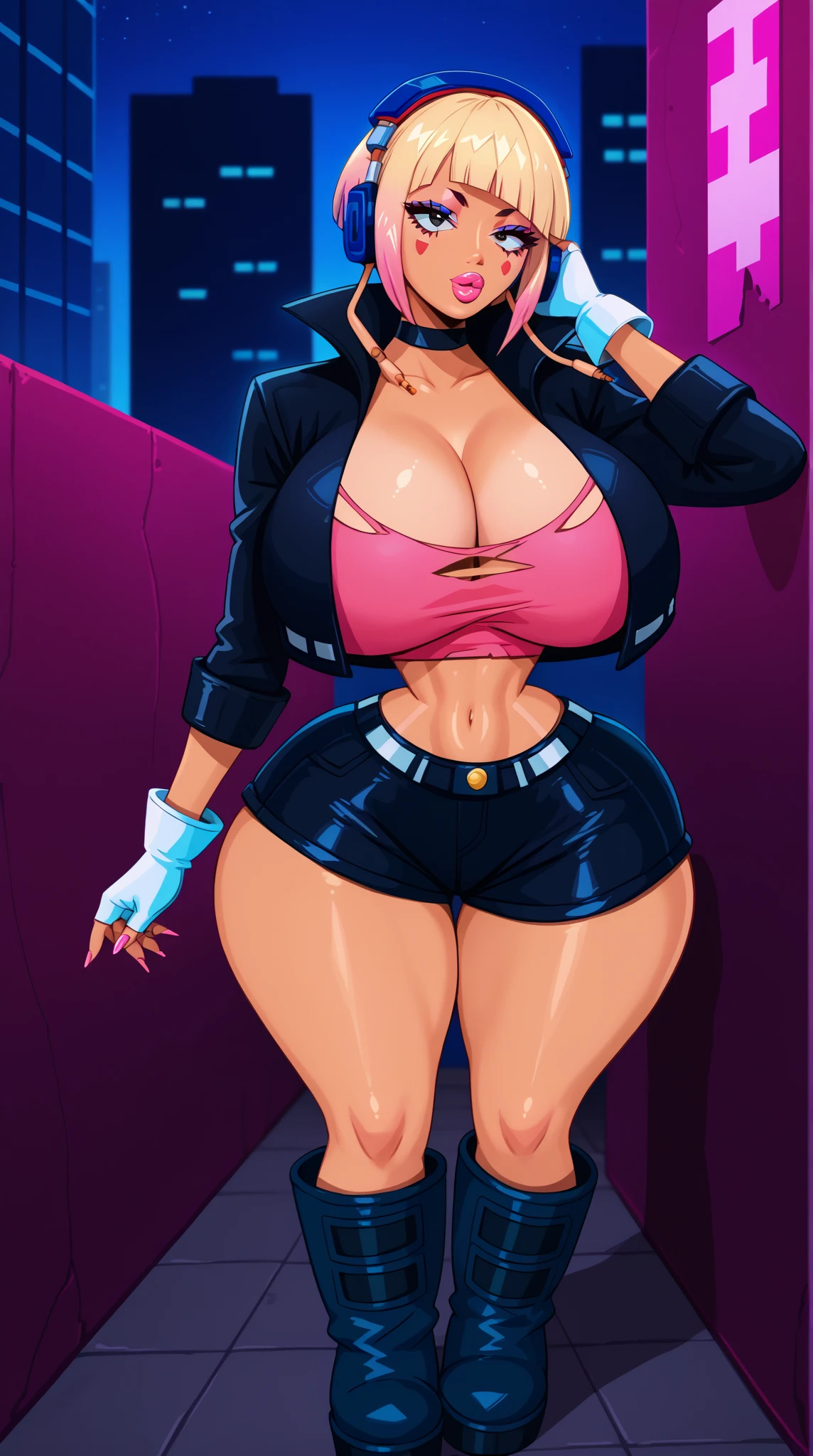 score_9, score_8_up, score_7_up BREAK 1girl, female, very long hair, hair covering left eye, straight black hair, huge breasts, wide hips, thick thighs, tight clothes, cropped jacket, skirt, goth, choker, nightclub background, black lipstick, fishnets, white top <lora:last-000005:0.9>