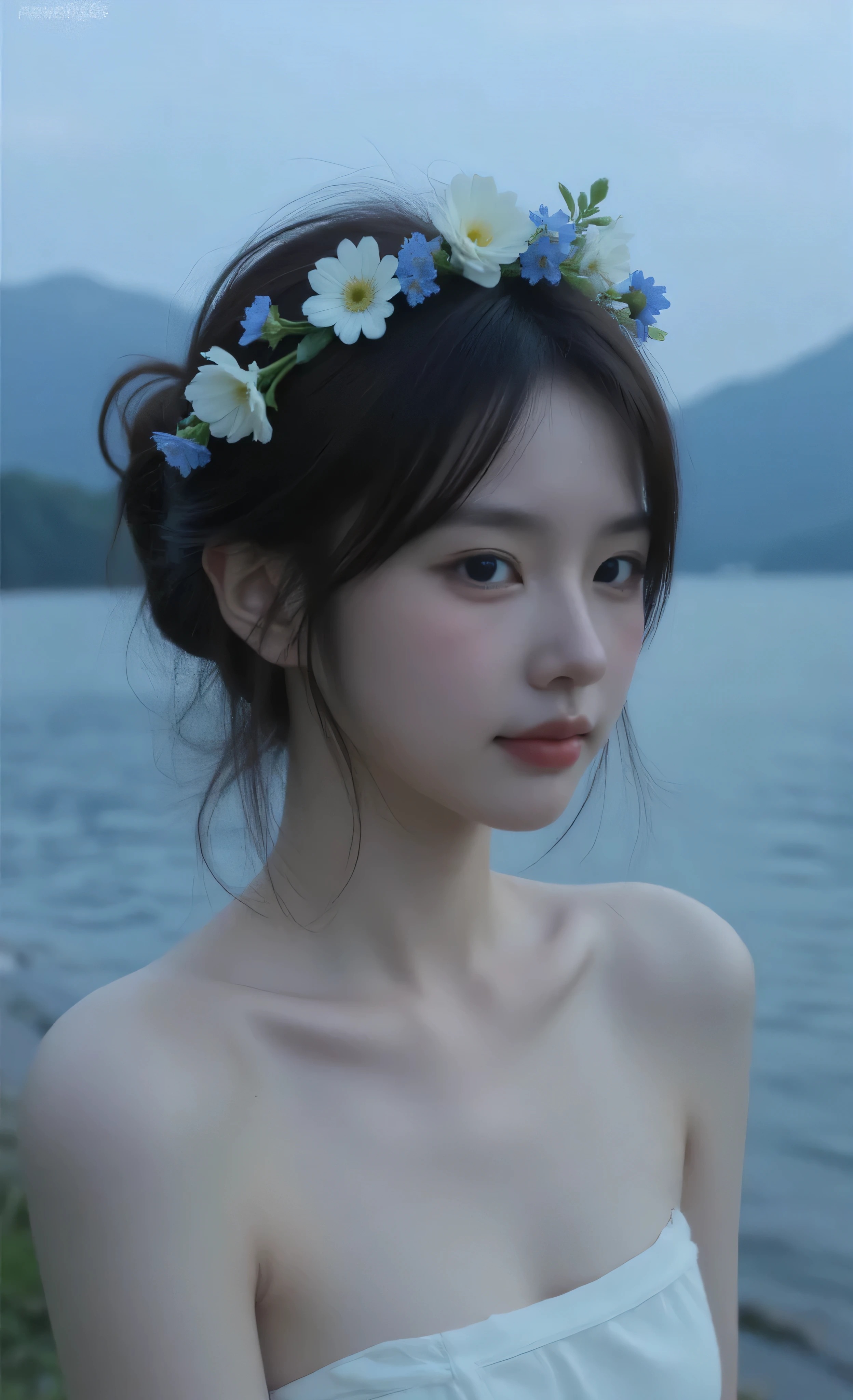 cinematic photography, photorealistic, 1girl, pensive teenage girl wearing delicate flower crown of blue forget-me-nots and white anemones with trailing ivy, contemplative expression gazing into distance, single tear rolling down cheek catching light, porcelain skin with natural beauty, loose messy bun with tendrils framing face and flowers slightly wilting symbolizing fragility, nsfw,navel,naked, standing in morning mist by serene lake with mountains in distance, atmospheric cinematography with desaturated color palette in blue and gray tones, soft diffused lighting creating ethereal quality, professional photography with cinematic aspect ratio, Arri Alexa camera with anamorphic lens, perfect focus on emotional expression and delicate flower details, mood conveying melancholy, introspection and poetic sensitivity, temperament of someone deeply feeling life's bittersweet moments
