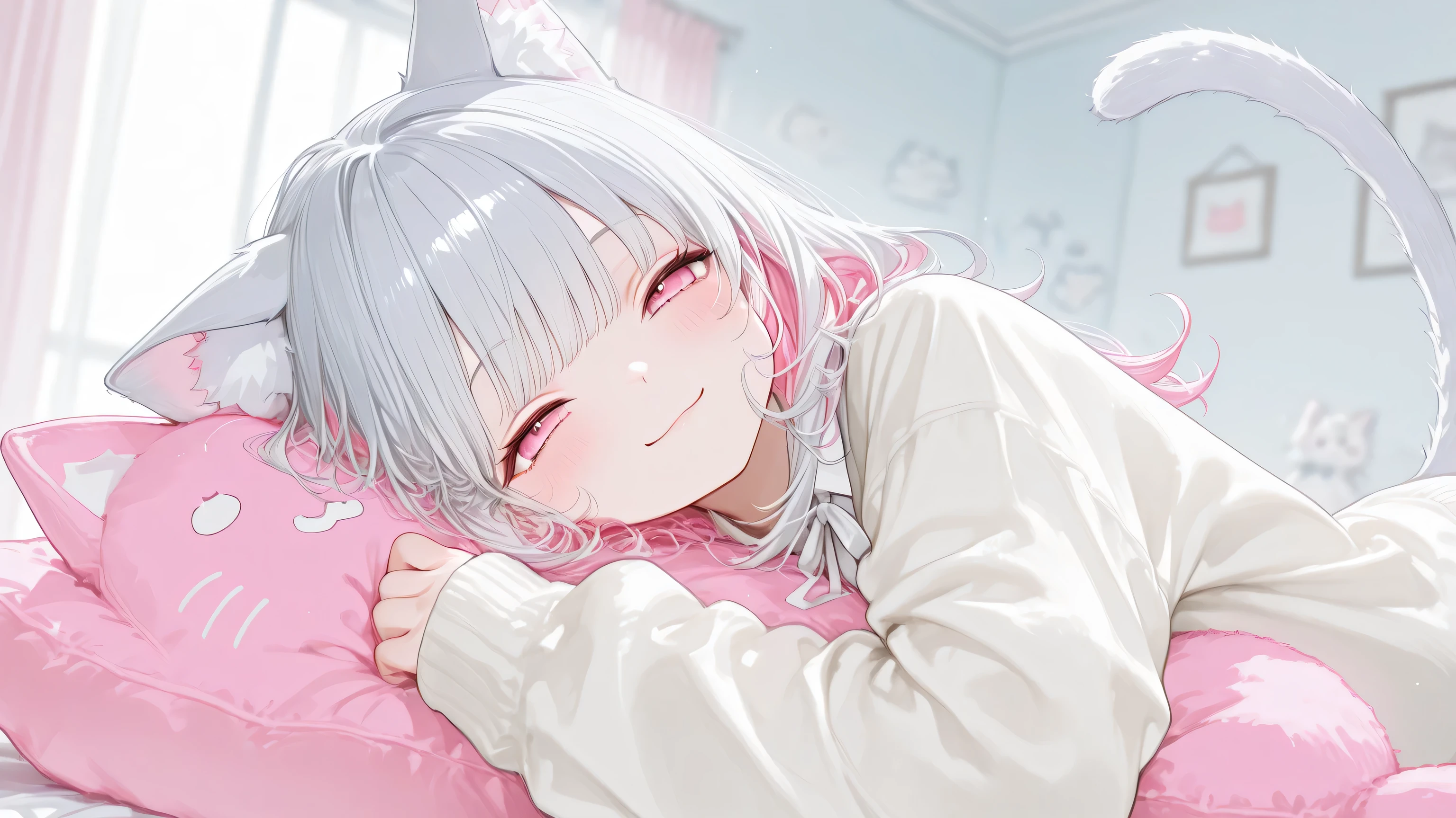 half twin tail、 Wave Hair、 pink inner color hair、Gray Hair, smile, pink eyes, Narrowed eyes、 Oversized long sleeves , white cardigan, white ribbon,Stuffed catを抱いている, blurry background indoors, indoor、Stuffed cat、 1 girl, Cat ears,Alone, high image quality、 Masterpiece、