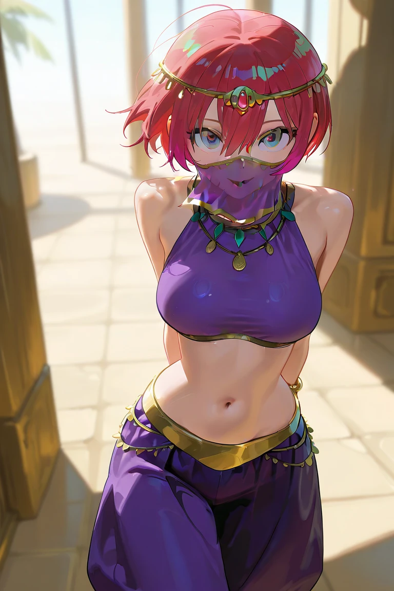 score_9, score_8_up, score_7_up, source_anime, 1girl, solo, <lora:NSRobinStardew:1> NSRobinStardew, ginger hair, ponytail, medium hair, green eyes,  ponytail,  facial mark, belly dancer outfit, black dress, jewelry, belly chain, mouth veil, low tied hair, cowboy shot, womb tattoo, navel piercing, medium breasts, pelvic curtain, thigh straps,