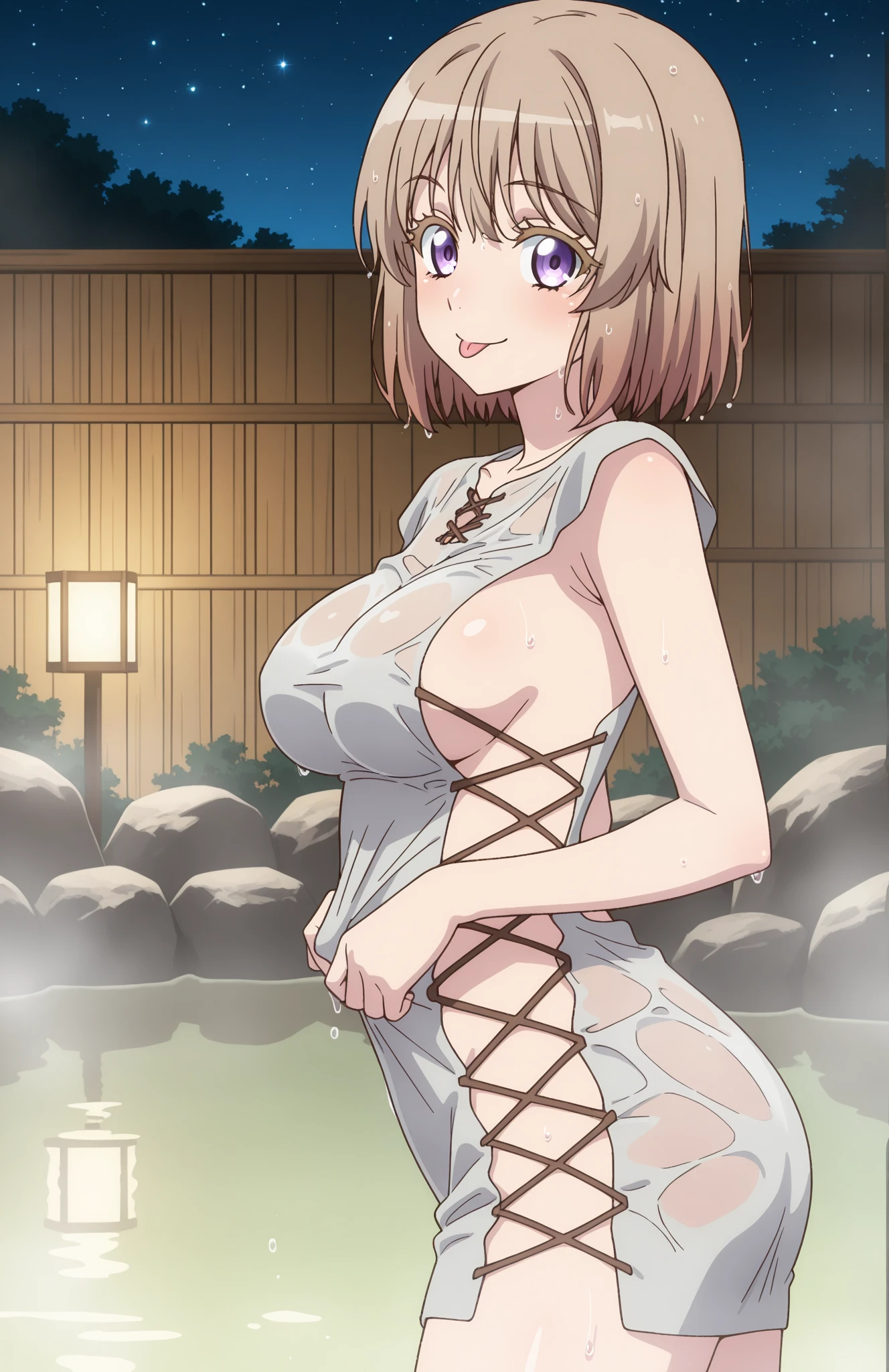 alicia(Uncle Isekai)、1girl in, ​masterpiece、top-quality、{爆乳}、{{{????}}}, barechested、{Huge pink inverted ???????}、hot onsen、{{{????}}}