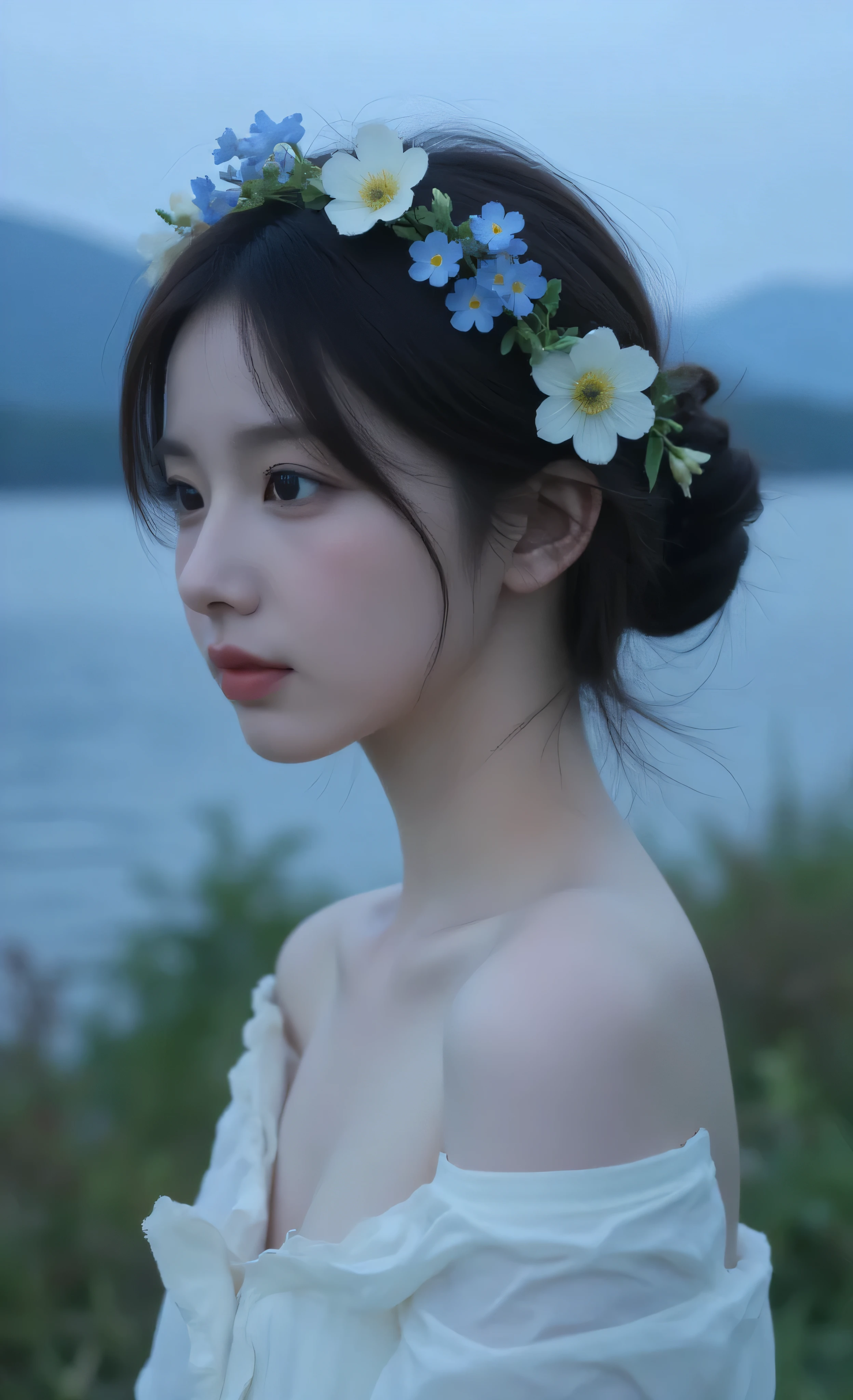 cinematic photography, photorealistic, 1girl, pensive teenage girl wearing delicate flower crown of blue forget-me-nots and white anemones with trailing ivy, contemplative expression gazing into distance, single tear rolling down cheek catching light, porcelain skin with natural beauty, loose messy bun with tendrils framing face and flowers slightly wilting symbolizing fragility, girl is nsfw,navel,naked, standing in morning mist by serene lake with mountains in distance, atmospheric cinematography with desaturated color palette in blue and gray tones, soft diffused lighting creating ethereal quality, professional photography with cinematic aspect ratio, Arri Alexa camera with anamorphic lens, perfect focus on emotional expression and delicate flower details, mood conveying melancholy, introspection and poetic sensitivity, temperament of someone deeply feeling life's bittersweet moments,頭から太ももまでの画像
