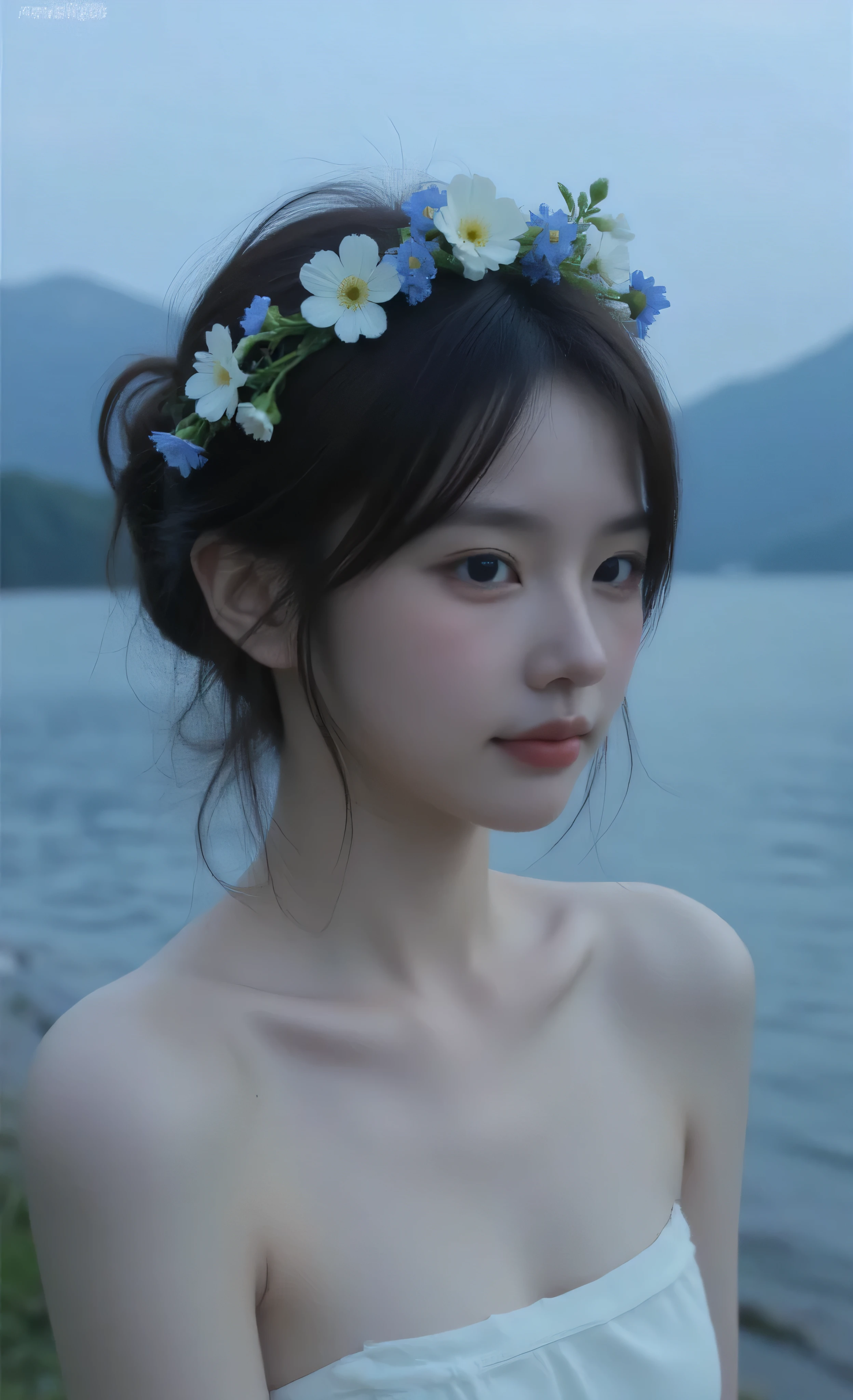 cinematic photography, photorealistic, 1girl, pensive teenage girl wearing delicate flower crown of blue forget-me-nots and white anemones with trailing ivy, contemplative expression gazing into distance, single tear rolling down cheek catching light, porcelain skin with natural beauty, loose messy bun with tendrils framing face and flowers slightly wilting symbolizing fragility, girl is nsfw,navel,naked, standing in morning mist by serene lake with mountains in distance, atmospheric cinematography with desaturated color palette in blue and gray tones, soft diffused lighting creating ethereal quality, professional photography with cinematic aspect ratio, Arri Alexa camera with anamorphic lens, perfect focus on emotional expression and delicate flower details, mood conveying melancholy, introspection and poetic sensitivity, temperament of someone deeply feeling life's bittersweet moments,頭から太ももまでの画像
