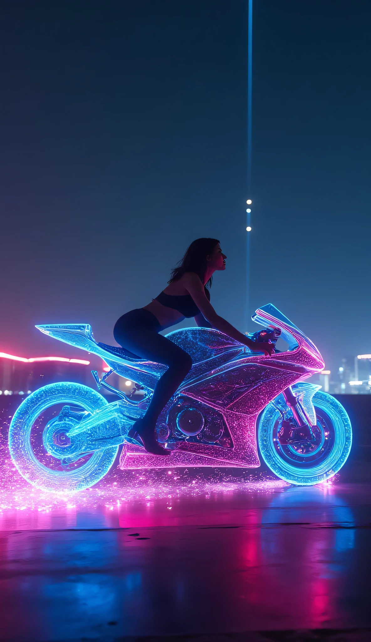 voluptuous woman on superbike.. A stunning luminous sports bike in profile forged from shimmering multicolor translucent neon-plasma, glides silently across an endless night cityscape. her shadowy figure gaze contemplatively into the void as a meteor shower cascades around the scene in perfect stillness. the rider is bathed in the ethereal glow of the car overhead, witness to this surreal celestial journey. cinematic sci-fi HDR