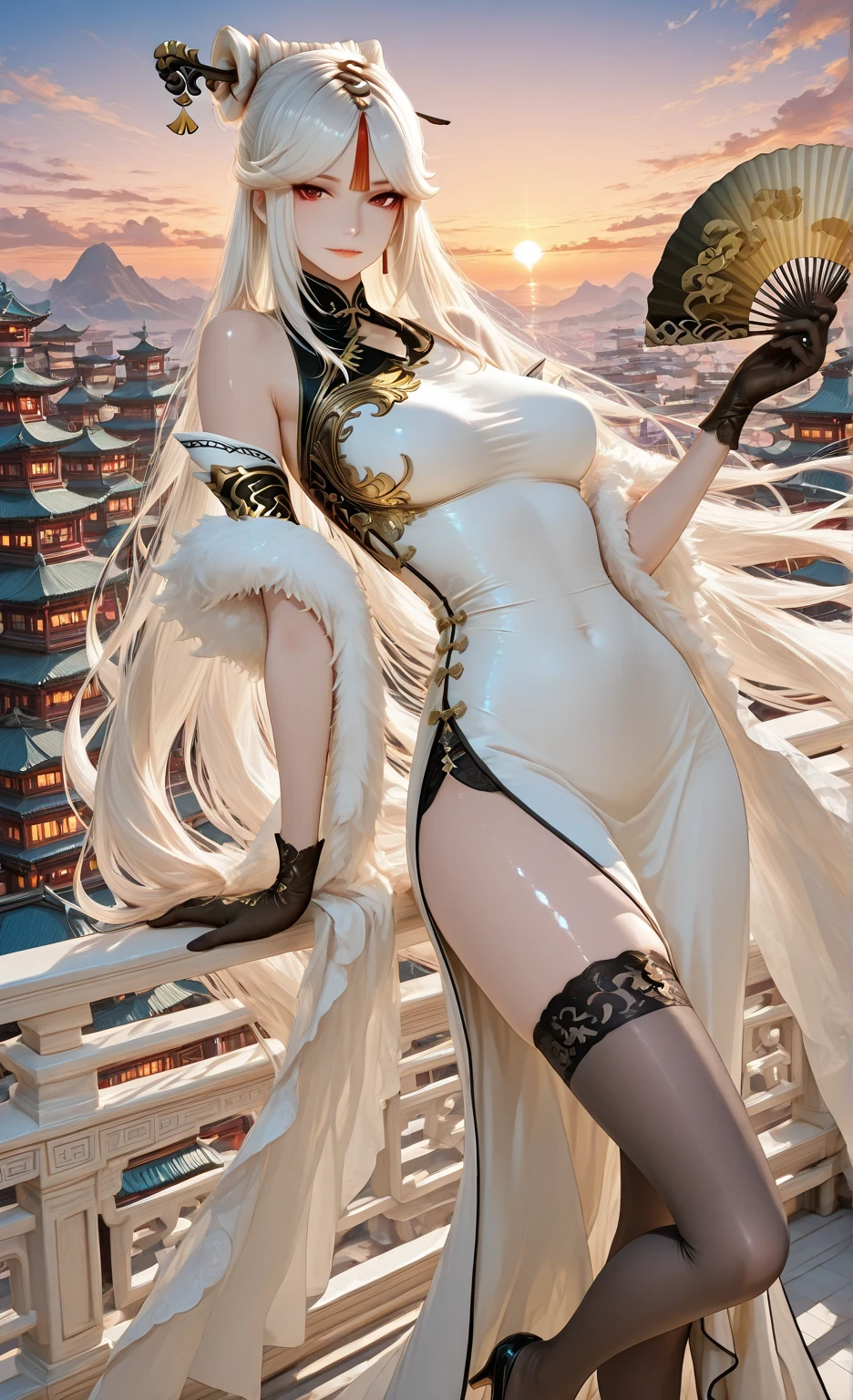 Chest curtain, China dress,  are visible,(highest quality:1.0), (8k wallpaper:1.0), Very delicate and beautiful, (Beautifully detailed face:1.0), (detailed Deep Eyes), Symmetrical breasts, Deep Eyes, vapor, Shiny skin,