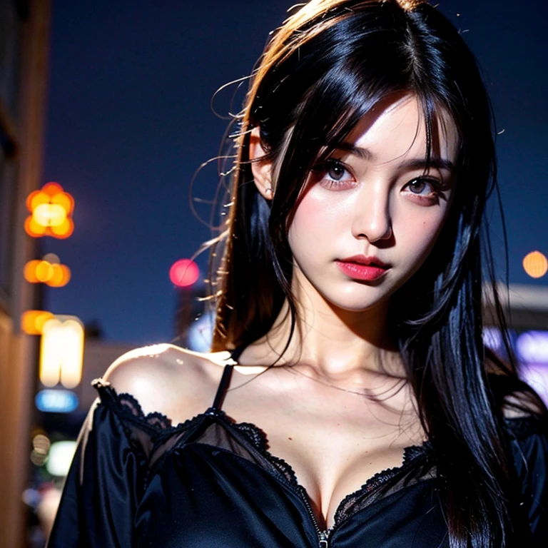 Depth of bounds written, detailed eye, ((CG illustration)), ((face focus)), ((masterpiece)), ((8K)), ((super detailed)), ((Super high quality)), ((cinematic)), ((Photoreal)), ((close up shot)), (solo), (cool girl), very long hair, straight hair, (((thin body))), Glossy skin, ((look away)), (Beautiful goth girl with high cheeks and legs), Gothic makeup, clear eyes, lipstick, dark eye shadow, (()), choker, earrings, provoke, night, ((full moon)), ((Functional)), Lonely, Visual kei, ((pastel colour)), Unwound clothes, forget, kiss, White Knight, dark, silence