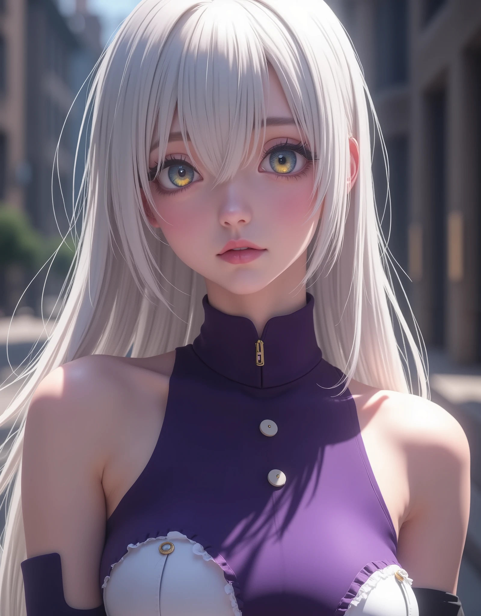 Elizabeth Liones (hyperrealistic) Nanatsu no taizai,white hair,ultra-detailed eyes with ((heterochromia)) yellow gold and blue,emphasized bust,His outfit is a tight sleeveless dark purple shirt with white buttons,wears aa corbata en forma de moño color rosa,perfect body,He wears his ((bare shoulders)),su mano izquierda wears aa (tight purple sleeve) dark,that contrasts with her (naked right hand),she wears an asymmetric white skirt,revealing their legs,which are accented with a single black thigh-high stocking on his right leg,that contrast sharply with his bare left leg,wears a (white high-heeled shoe) on his right foot and a (black high-heeled shoe) on his left foot,(RAW photo),(photorealistic),(hyperrealistic),(Masterpiece),(high quality),(definition 8k ),(ultra detailed),(resolución absoluta),(exquisite details),(hdr),estilo hyperrealistic,iridescent effects,background with heavenly atmosphere,cinematic lighting,dynamic contrast of light and shadow