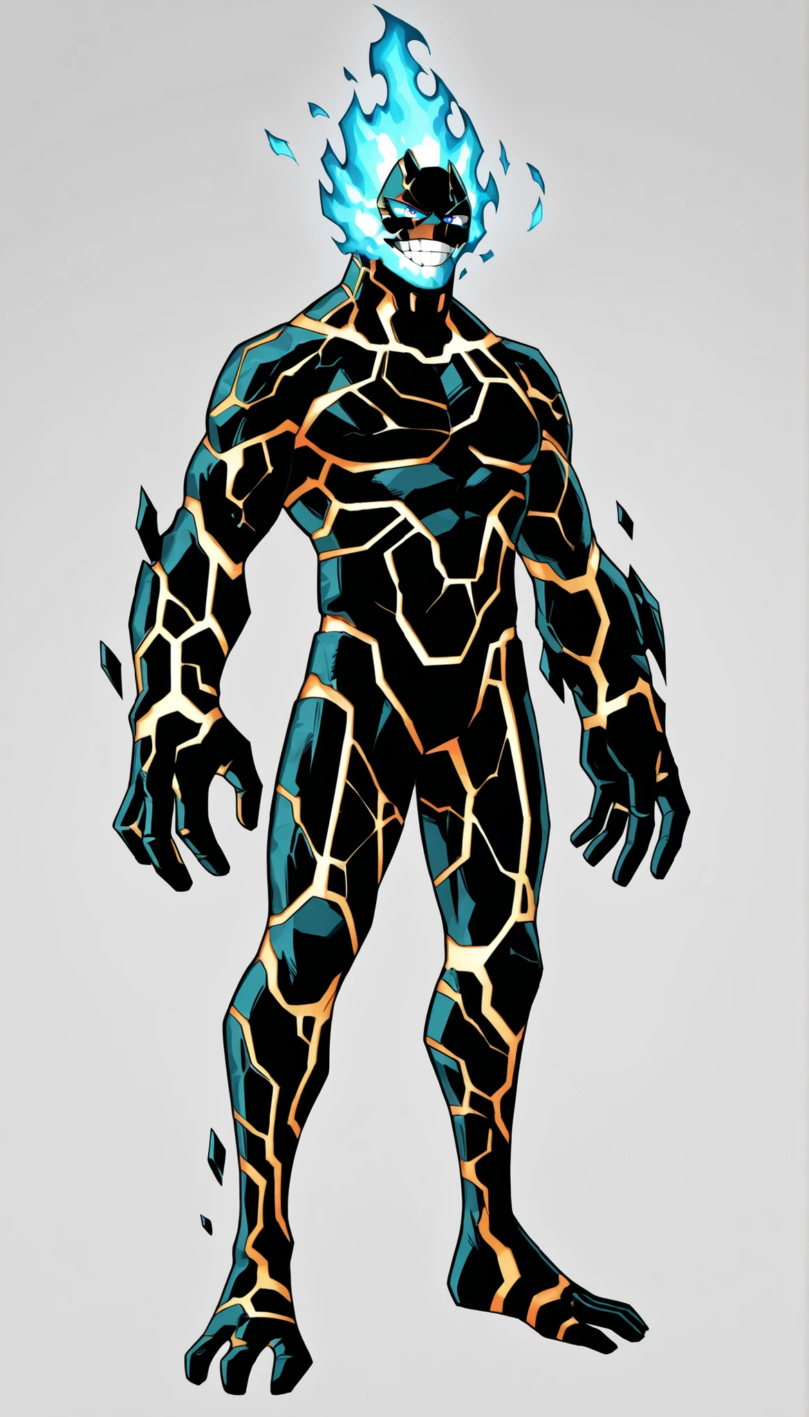 ((Highest Quality)), ((Simple Light Grey Background)), (My Hero Academia style), standing, (1male), (Male), mature male, mature man, solo, toned body, athletic body, slender body, thick body, standing, Full body, inhuman creature, inhuman Pyranite monster, inhuman Pyranite monster creature, inhuman monster creature, inhuman Pyranite form, inhuman Pyranite monster, inhuman monster form, inhuman form, Pyranite form, Pyranite monster, Pyranite creature, monster form, monster creature, lava body, lava skin, lava skinned, lava skinned male, black shattered rock skin, black shatter rock skinned, black shattered rock skinned male, blue fire head, blue eyes, glowing eyes, glowing blue fire, (blue Pyranite), blue flames, blue fire, evil grin, evil look, evil face, Evil expression,