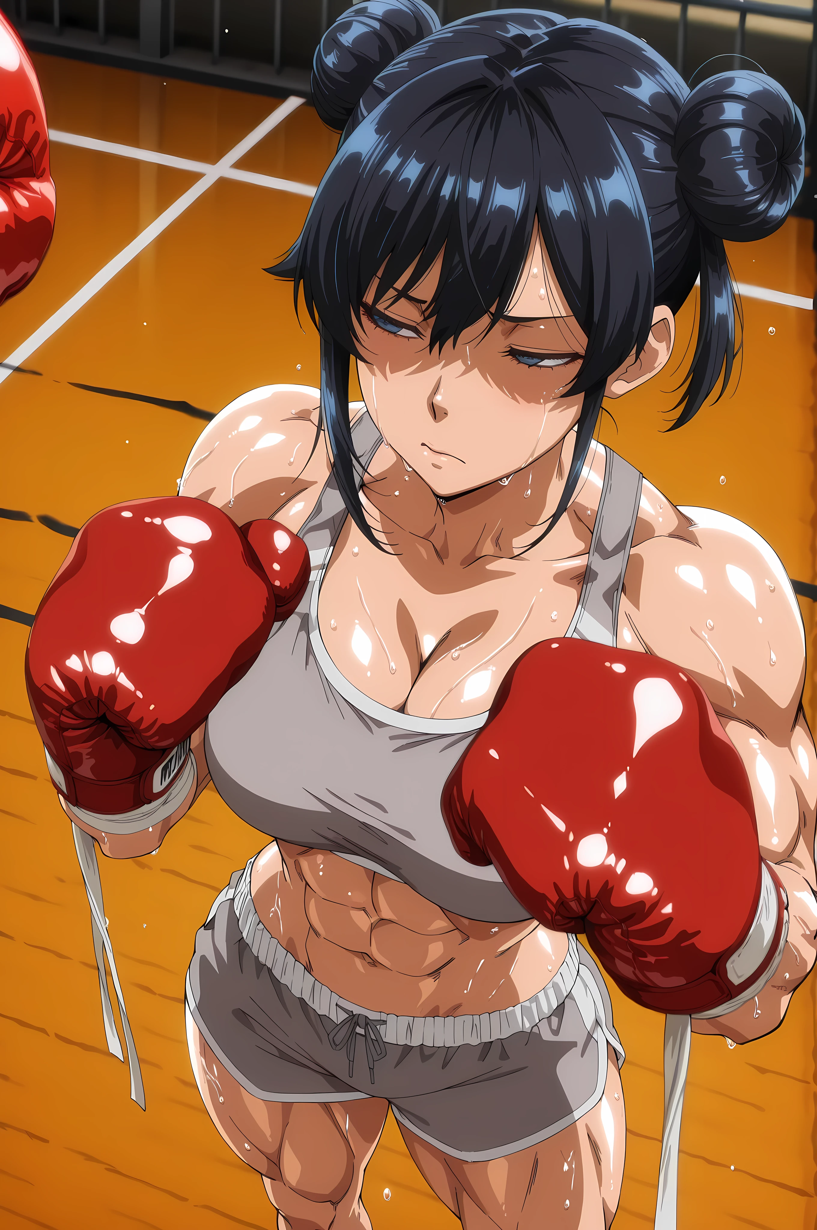 masterpiece, ultra-HD, high detail, best quality, 8k, best quality, ergonomic, (anime coloring, anime screencap:1.5), official art, masterpiece, best quality, very aesthetic,TRexStudio, 8k, ultra-HD, high detail, (anime coloring, anime screencap:1.5), perspective, BREAK
1girl, muscular, curvy, sports_bra, boxing_shorts, half-lidded_eyes, boxing_gloves, sweat, hair_bun, loose_strands, ring_ropes_in_foreground, mouthguard, wraps_visible, gym,