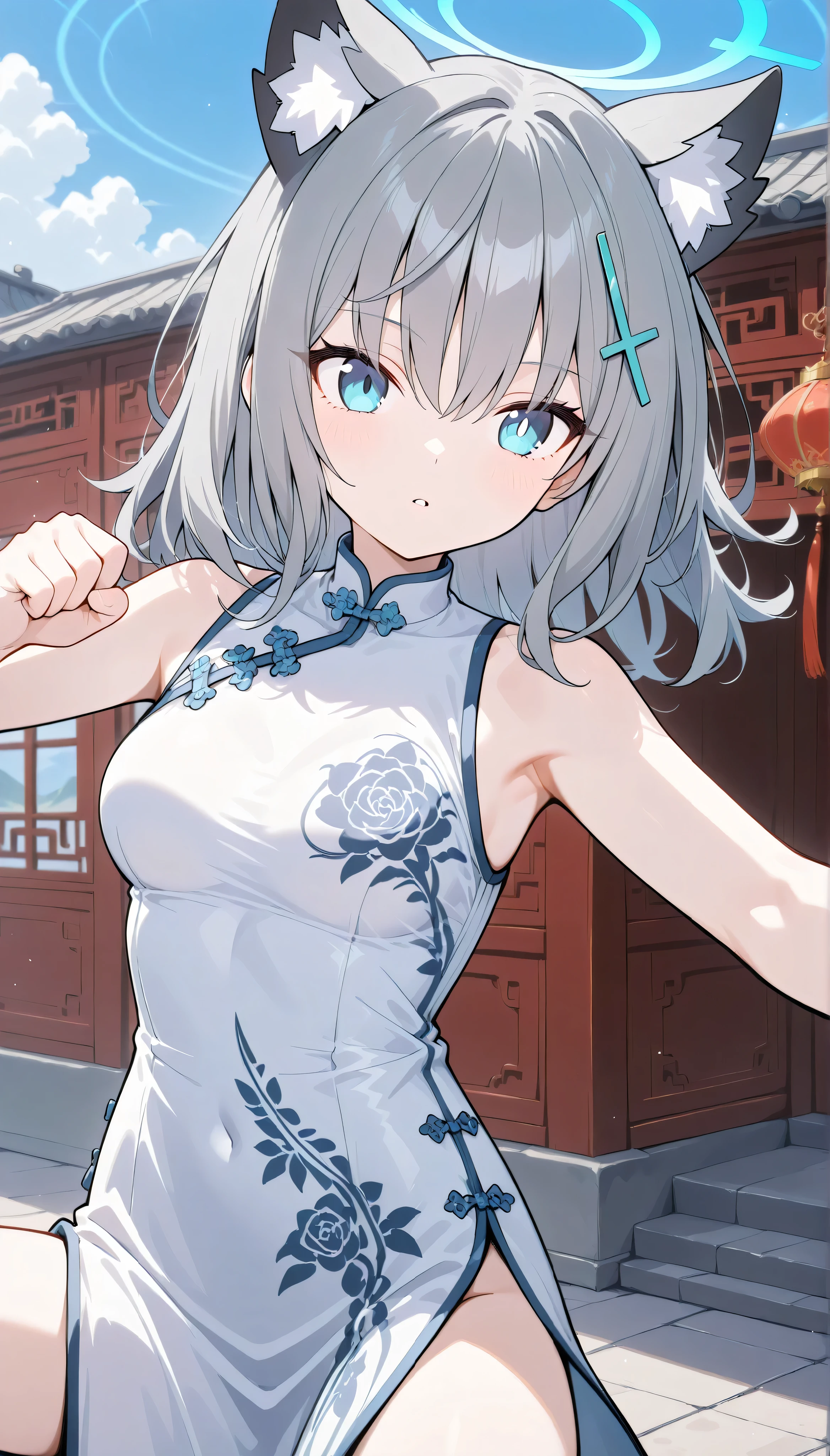 shiroko (blue archive),blue eyes,grey hair,hairclip,animal ears,halo,medium breasts, solo, I can see my eyebrows from the inside of my hair, hair between eyes,　 is embarrassing, masterpiece, Best Quality, very aesthetic,　outdoor, china town,　white qipao, white china dress,　parted lips, action shot,  fighting pose, (no sleeve),
