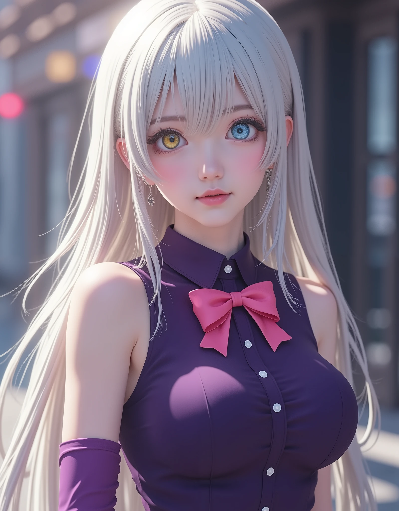 Elizabeth Liones (hyperrealistic) Nanatsu no taizai,white hair,ultra-detailed eyes with ((heterochromia)) yellow gold and blue,emphasized bust,His outfit is a tight sleeveless dark purple shirt with white buttons,wears aa (pink bow tie),perfect body,He wears his ((bare shoulders)),su mano izquierda wears aa (tight purple sleeve) dark,that contrasts with her (naked right hand),she wears an asymmetric white skirt,revealing their legs,which are accented with a single black thigh-high stocking on his right leg,that contrast sharply with his bare left leg,wears a (white high-heeled shoe) on his right foot and a (black high-heeled shoe) on his left foot,(RAW photo),(photorealistic),(hyperrealistic),(Masterpiece),(high quality),(definition 8k ),(ultra detailed),(resolución absoluta),(exquisite details),(hdr),estilo hyperrealistic,iridescent effects,background with heavenly atmosphere,cinematic lighting,dynamic contrast of light and shadow