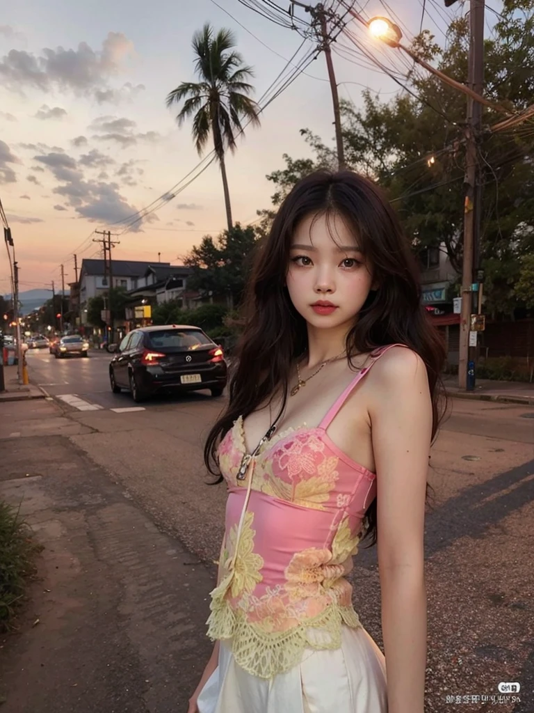 (((best quality))),(((ultra detailed))),(((masterpiece))),illustration,1girl,slim,sun-kissed skin,vibrant rose-pink cotton dress,short ponytail,flat chest,pantyhose,bustling city streets, honking cars,surrounded by crowded crowds, colorful advertisements, street food vendor, grilled skewers, spicy sauce, enjoying sights and sounds,(darkened black skin:1.5),upper body