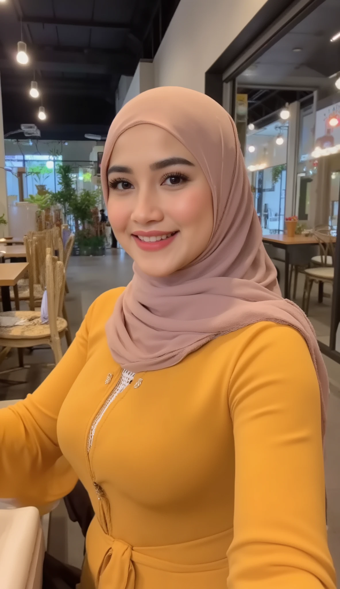 Very beautiful woman, Indonesia-Cina, barista muslim, Use a stylish and modern hijab, sedang membuat kopi, in a modern cafe with a modern interior,  malam hari, potret anggun, ekspresi tenang, Natural bright white leather, make up Natural, Mata Indah, Bulu Mata Lentik, Bibir Tipis pink,  perfect body curve , montok,   kendur, Perut Langsing, Pinggul Kecil, Bokong Besar, Paha Tebal, Kaki Indah, Anting-anting giok, Liontin Giok Hijau, Gelang Giok hijau, Cincin Giok Hijau, long sleeve kimono dress with closed and tight embroidered lace detail, 3-fold bright color shirt , warna cerah, Kulit bersinar, Luxury Coffee Table and Coffee Maker with Luxury Modern architecture interior , moonlight illuminates, lampu redup, bayangan lembut, luxury interior decoration, HDR , RAW, fotografi potret, DSLR, Ultra-realistis, 8K, Ultra-detail,  pencahayaan Terang , Warna-warna hangat, nada lembut, kamera Jauh, a  look at the camera, renggangkan kakimu