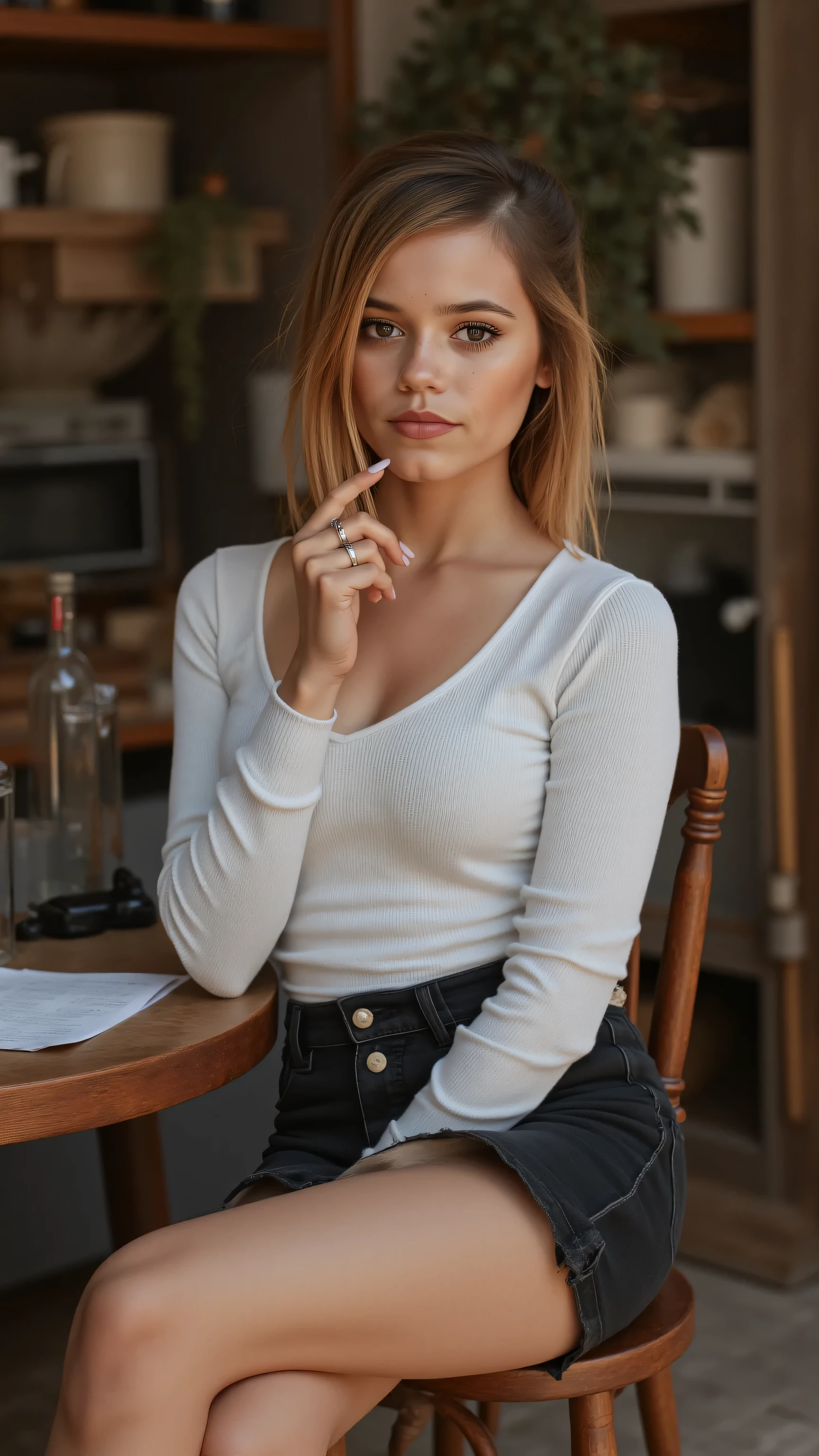 (fotorealistisch:1.4), (Meisterwerk:1.3), (hochwertig:1.4), well proportioned whole body of
(((Elaine, European, 1. 65 m in Size , 31 Jahre alt,blond, kurze Haare, im Pixi-Stil gestylt, pony hairstyle on the face,
sehr gepflegtes, festes Haar, tiefe, Size, rounded blue eyes))), long slender neck,
soft smile , extrem unschuldig, shy and open, aufgeweckte, klein, raised and elegant nose,
extremely pretty face , Haut extrem blass, Extremely beautiful, ((extremely toned body)),
(Bubble Butt und straff), lange betonte Beine, starke Oberschenkel, schmale Taille, sexy hips, 36C Brust,
Kleidung: wears a chic , small pencil skirt, with a white blouse and a business jacket, THIN black lace collar on the neck,
(cozy nightbedroom),
Pose: steht vor dem Bett ,
hands holding HER hips, legs subtly opened,
(Ansicht: whole body ), viewer looking at , perfect feet, viewer sees her from the side, reveals the sexy cleavage and long legsScarlett Johansson in sexyy, worn-out torn cotton tank
top in cluttered barn, Detailed and realistic face and eyes,
ripped cotton tank top ,Natural breastss, thongs wearing
as panties, bikini swords in hand alone with
My boss working overtime seductive
Businesswoman in office wearing tight black dress I OL...
A photo-realistic shoot from a front camera angle about a young woman sitting at a table in a casual setting, wearing a white ribbed long-sleeve top with a cutout that reveals her large breasts. the image also shows a modern kitchen with shelves and a small plant in the background. on the middle of the image, a 20 years old woman with light skin, brown hair, and green eyes appears to be looking at the viewer with a neutral expression. she has a slim body and is seated at a wooden table with a piece of paper in front of her. her hair is styled in a bob cut and she is wearing a ring on her finger. the lighting is soft and natural, casting gentle shadows on her face and body.