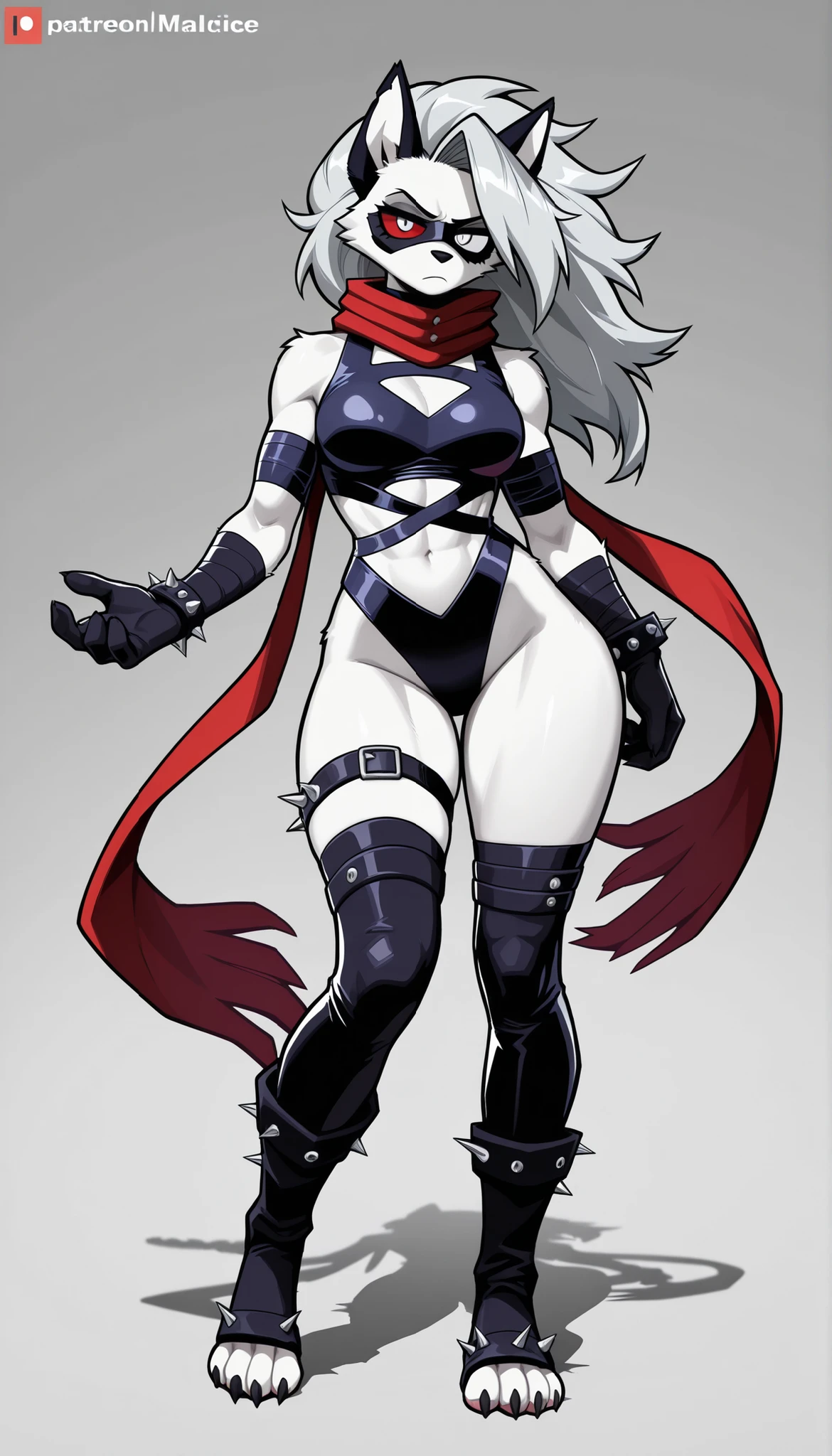 ((Highest Quality)), ((Simple Light Grey Background)), (My Hero Academia style), 1female, female, (Loona), (Malice), Marvel Rivals, Helluva Boss, furry female, anthro, (masterpiece), (high resolution), solo, full body standing, mature woman, mature Female, 20 year old, tall, athletic body, toned body, slender body, grey fur, (white underbelly), (black nose), (long grey hair), (cute white eyes), (red sclera), (annoyed frown), leather gloves, black leather bandage mask, armor, boots, red scarf, Long scarf with 2 spiked rings at the end, bandage leather leotard, clothing cutout, black thigh strap, toeless leather bandage legwear with spikes, shoulder armor with spikes, Broad thighs, wide hips, (wide shins), slender waist, (medium breasts), (Full body, (Perfect Anatomy), (Perfect hands), (Dynamic Pose), (super detailed),