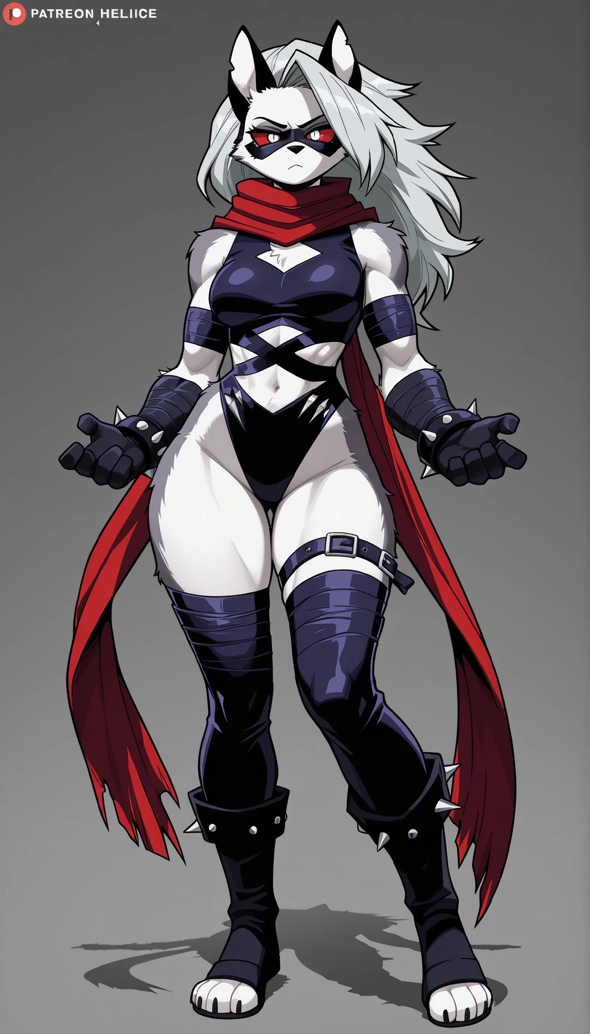 ((Highest Quality)), ((Simple Light Grey Background)), (My Hero Academia style), 1female, female, (Loona), (Malice), Marvel Rivals, Helluva Boss, furry female, anthro, (masterpiece), (high resolution), solo, full body standing, mature woman, mature Female, 20 year old, tall, athletic body, toned body, slender body, grey fur, (white underbelly), (black nose), (long grey hair), (cute white eyes), (red sclera), (annoyed frown), leather gloves, black leather bandage mask, armor, boots, red scarf, Long scarf with 2 spiked rings at the end, bandage leather leotard, clothing cutout, black thigh strap, toeless leather bandage legwear with spikes, shoulder armor with spikes, Broad thighs, wide hips, (wide shins), slender waist, (medium breasts), (Full body, (Perfect Anatomy), (Perfect hands), (Dynamic Pose), (super detailed),