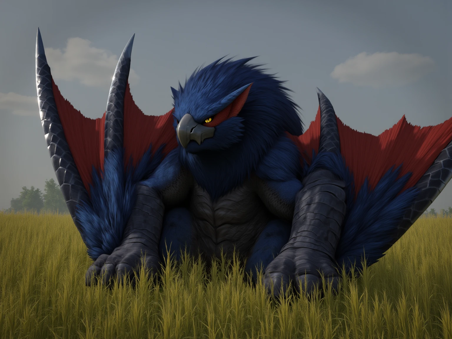 Nargacuga from monster hunter, male, black , black large  , forestskin, angry pose, primitive clothes, by bebebebebe, small waist, large legs, feral, under view, perspective, muscular, village, grass