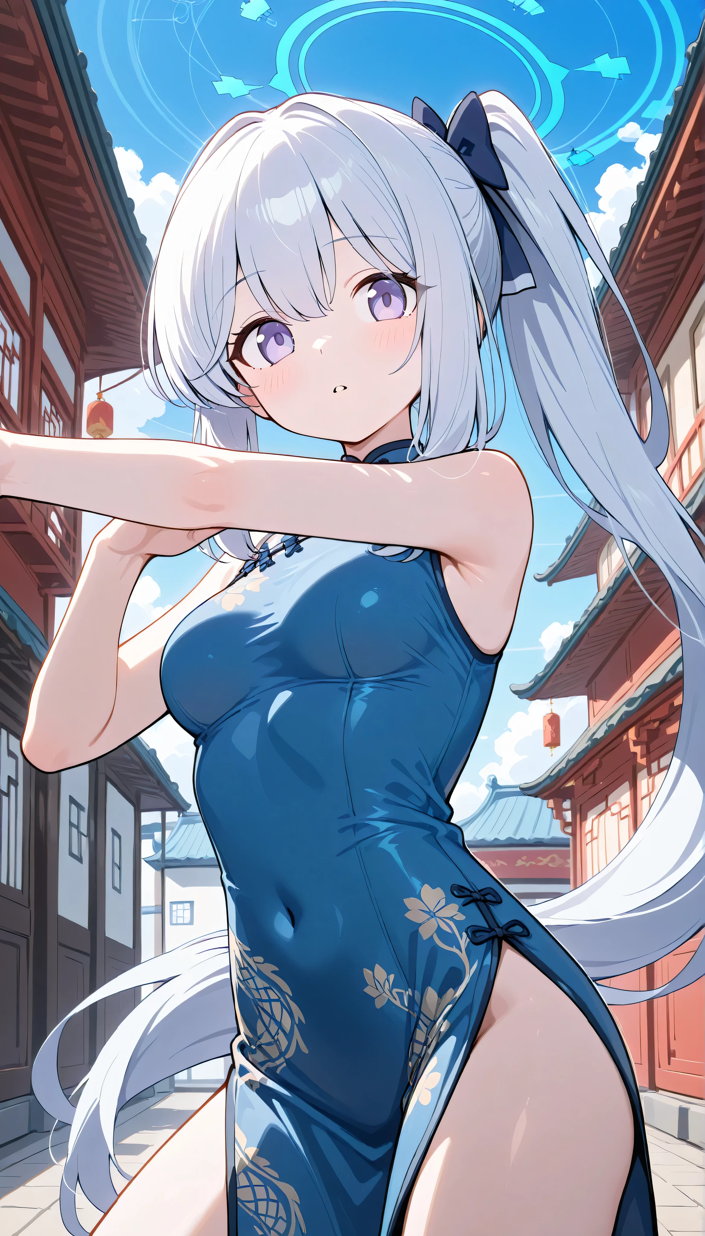 miyako-swim, miyako (blue archive),purple eyes, white hair,long hair,pony tail,halo,medium breasts, solo, I can see my eyebrows from the inside of my hair, hair between eyes, is embarrassing, masterpiece, Best Quality, very aesthetic, outdoor, china town, blue qipao, blue china dress, parted lips, action shot, fighting pose, ((no sleeve)),
