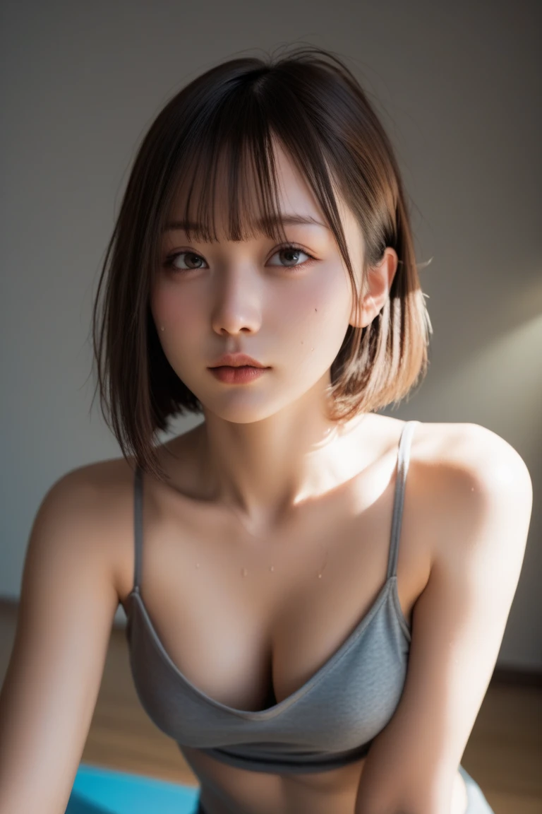 highest quality, masterpiece, (realistic:1.2), 1 girl, chiaroscuro, shirt lift, pink tank top, brown bob cut hair with bangs, brown eyes,front, detailed face, beautiful eyes