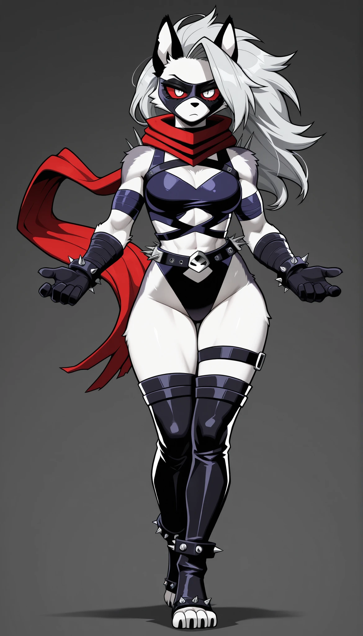 ((Highest Quality)), ((Simple Light Grey Background)), (My Hero Academia style), 1female, female, (Loona), (Malice), Marvel Rivals, Helluva Boss, furry female, anthro, (masterpiece), (high resolution), solo, full body standing, mature woman, mature Female, 20 year old, tall, athletic body, toned body, slender body, grey fur, (white underbelly), (black nose), (long grey hair), (cute white eyes), (red sclera), (annoyed frown), leather gloves, black leather bandage mask, armor, boots, red scarf, Long scarf with 2 spiked rings at the end, bandage leather leotard, clothing cutout, black thigh strap, toeless leather bandage legwear with spikes, shoulder armor with spikes, Broad thighs, wide hips, (wide shins), slender waist, (medium breasts), (Full body, (Perfect Anatomy), (Perfect hands), (Dynamic Pose), (super detailed),