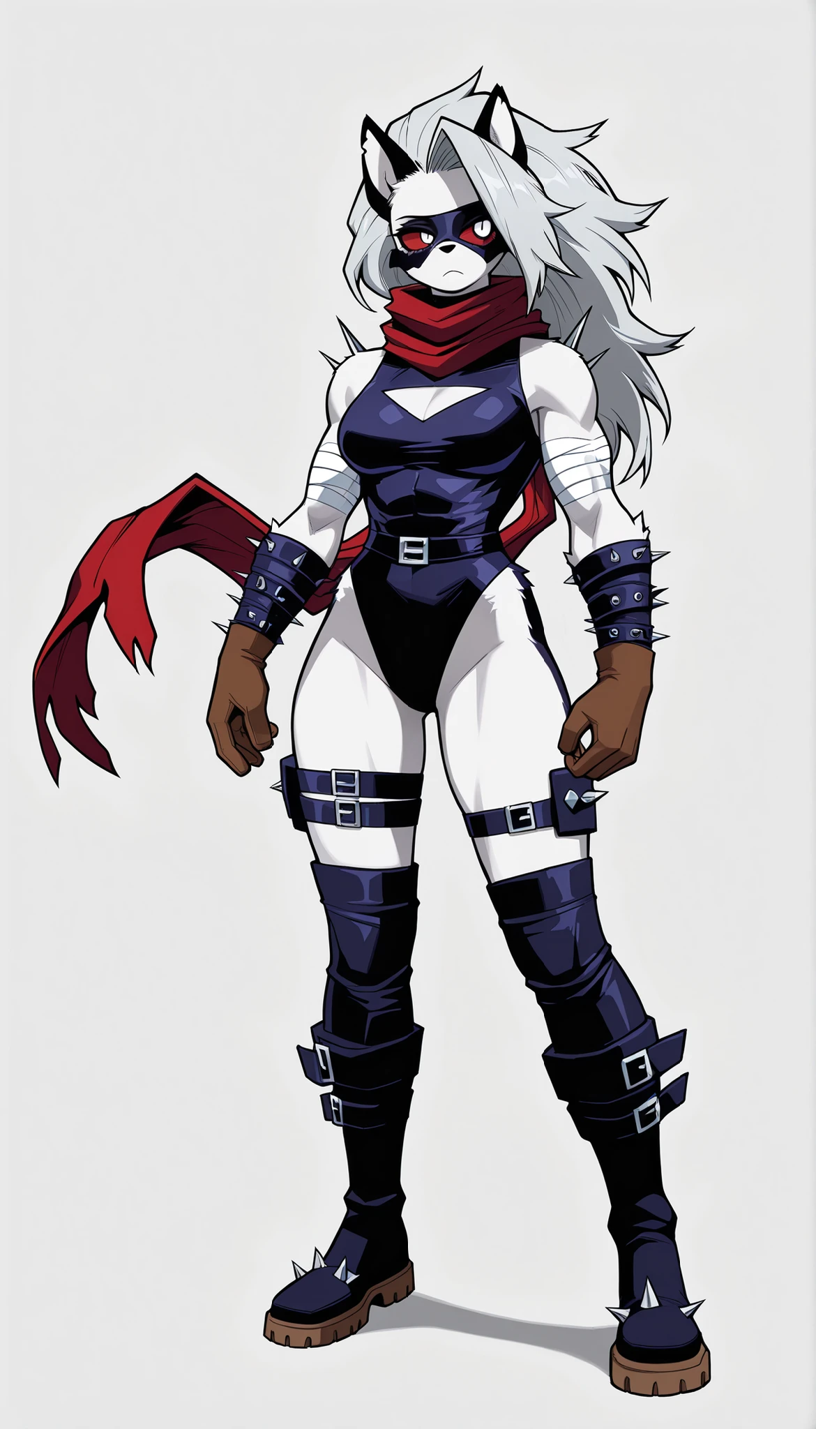 ((Highest quality)), ((Simple light gray background)), (My Hero Academia style), 1Women, Women, (loona), (malice), Marvel rivals, throw infernal, furry Women, anthropology, (Masterpiece), (high resolution), Alone, standing full length, Women madura, Women madura, 20 years, high, athletic body lenses, toned body, slender body, gray fur, ( white belly ), (black nose), (long grey hair), ( cute white eyes ), (red sclera), ( annoying frown ), leather gloves, black leather mask with bandages, armor, boots, red scarf, Long scarf with 2 rings with spikes on the end, leather leotard with bandages, clothes cutout, black thigh strap, finger-free leather bandage for spiked legs, shoulder armor with spikes, wide thighs, caderas anchas, (wide shins), Slim waist, (medium breasts), (full body, (perfect anatomy), (manos perfectas), (dynamic pose), (super detailed),