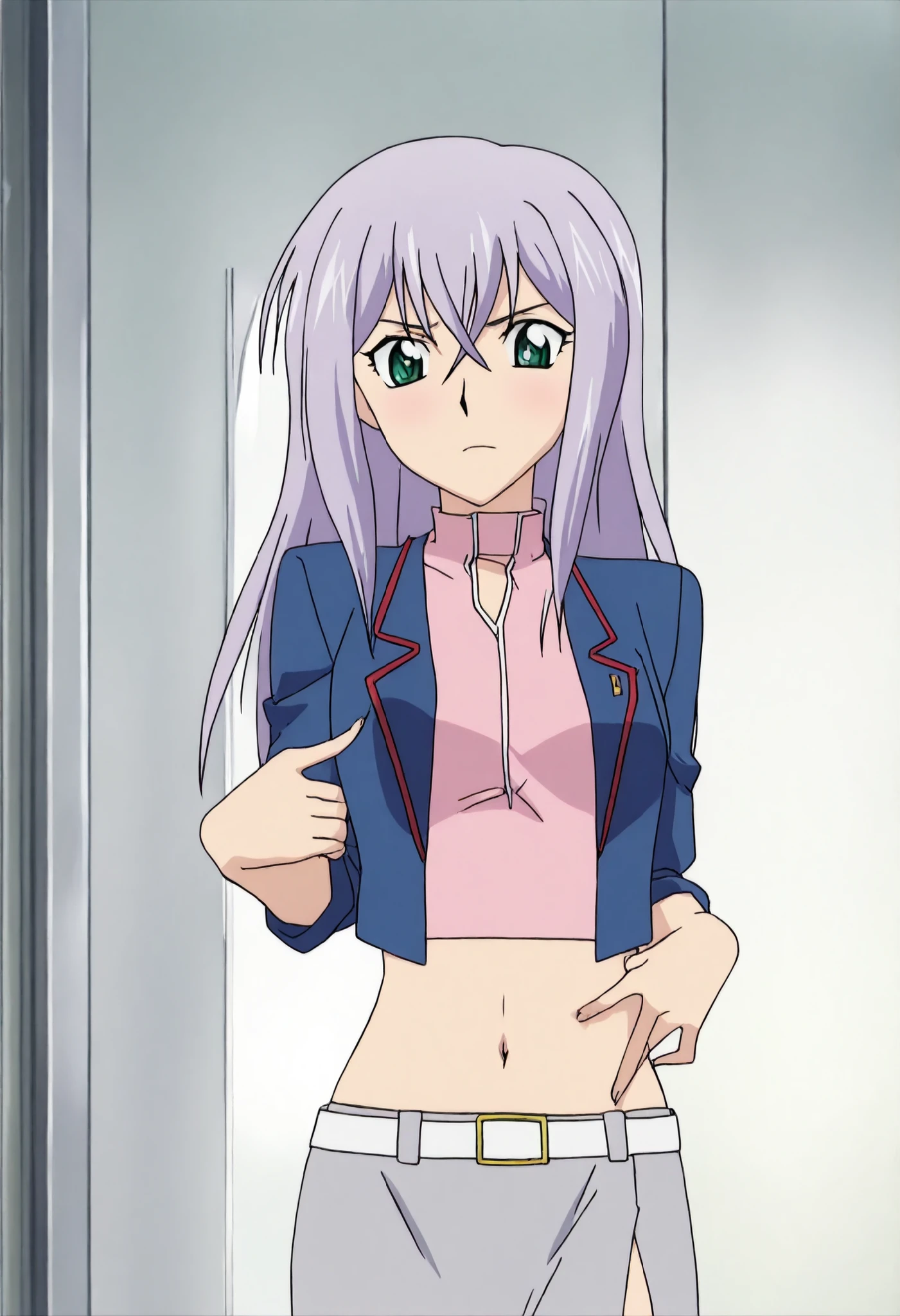 プロンプト Misaki, 1girl, solo, MisakiTokura, lavender hair,Emerald green eyes,Eyes with light, long hair,Anime style,High definition,Vanguard style,Small face,16 years old, Long hair,Beautiful anime eyes, Misaki, blue jacket, pink tanktop, midriff, grey skirt, miniskirt, side slit, white belt, white boots, poking navel,