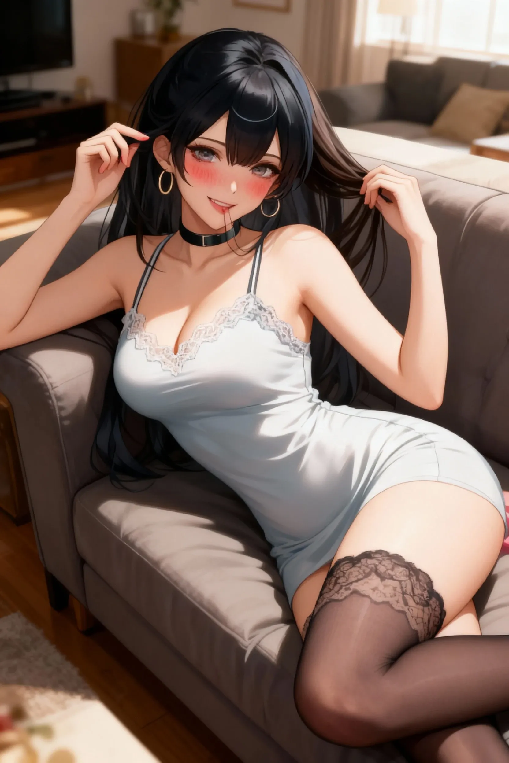 ((Biologically correct limb count))、(( From head to toe、Full-body photo including face))、4K、((Standing position))、masterpiece、((Focus on the face))、((Symmetrical facial features))、Eyes with detailed description、Beautiful woman、Great style、Beautiful arms、Beautiful legs、Beautiful Hands、(Small Ass、Thin thighs）、Facial detailing、Small earrings、necklace、(See-through gothic dresses、((High heels、Black Stockings))）、Black Hair、((She is sitting on a chair, holding a fruit parfait and looking up.))、Close-up photo of the upper body