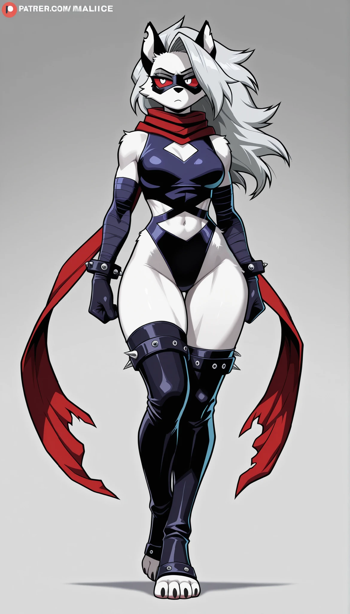 ((Highest Quality)), ((Simple Light Grey Background)), (My Hero Academia style), 1female, female, (Loona), (Malice), Marvel Rivals, Helluva Boss, furry female, anthro, (masterpiece), (high resolution), solo, full body standing, mature woman, mature Female, 20 year old, tall, athletic body, toned body, slender body, grey fur, (white underbelly), (black nose), (long grey hair), (cute white eyes), (red sclera), (annoyed frown), leather gloves, black leather bandage mask, armor, boots, red scarf, Long scarf with 2 spiked rings at the end, bandage leather leotard, clothing cutout, black thigh strap, toeless leather bandage legwear with spikes, shoulder armor with spikes, Broad thighs, wide hips, (wide shins), slender waist, (medium breasts), (Full body, (Perfect Anatomy), (Perfect hands), (Dynamic Pose), (super detailed),