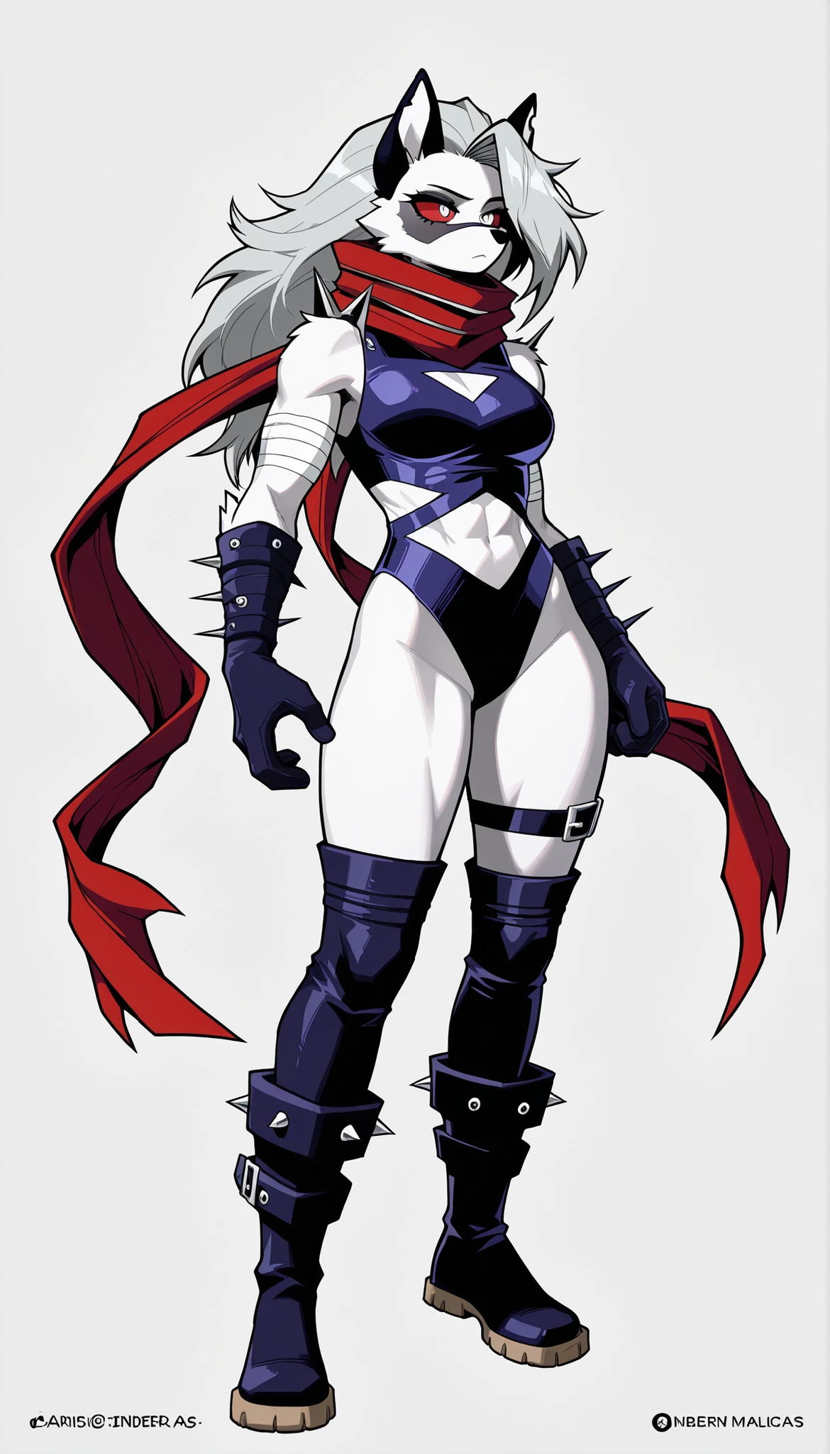 ((Highest quality)), ((Simple light gray background)), (My Hero Academia style), 1Women, Women, (loona), (malice), Marvel rivals, throw infernal, furry Women, anthropology, (Masterpiece), (high resolution), Alone, standing full length, Women madura, Women madura, 20 years, high, athletic body lenses, toned body, slender body, gray fur, ( white belly ), (black nose), (long grey hair), ( cute white eyes ), (red sclera), ( annoying frown ), leather gloves, black leather mask with bandages, armor, boots, red scarf, Long scarf with 2 rings with spikes on the end, leather leotard with bandages, clothes cutout, black thigh strap, finger-free leather bandage for spiked legs, shoulder armor with spikes, wide thighs, caderas anchas, (wide shins), Slim waist, (medium breasts), (full body, (perfect anatomy), (manos perfectas), (dynamic pose), (super detailed),