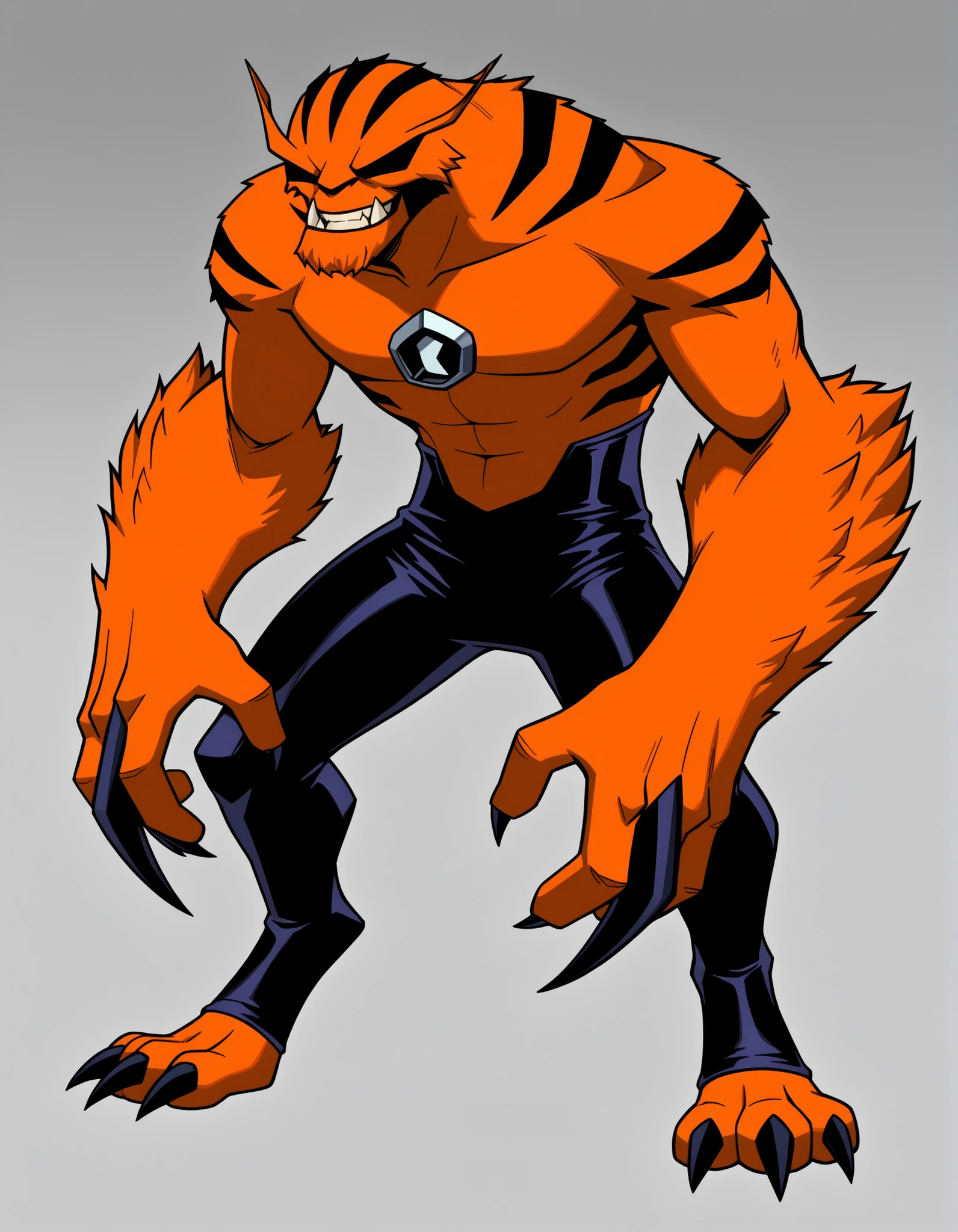 ((Highest Quality)), ((Simple Light Grey Background)), (My Hero Academia style), standing, (1male), (Male), mature male, mature man, solo, toned body, athletic body, Toned body, slender body, thick body, standing, Full body, inhuman creature, inhuman vulpimancer monster, inhuman vulpimancer monster creature, inhuman monster creature, inhuman vulpimancer form, inhuman vulpimancer monster, inhuman monster form, inhuman form, vulpimancer form, vulpimancer monster, vulpimancer creature, inhuman appoplexian monster, inhuman appoplexian monster creature, inhuman appoplexian form, inhuman appoplexian monster, appoplexian form, appoplexian monster, appoplexian creature, monster form, monster creature, evil grin, evil face, Evil expression, ((No eyes)), ((Without eyes)), no eyes, without eyes, fangs, pronounced fangs, lower fangs, tusk, lower tusk, pronounced tusks, claws, sharped claws, claws on hands, claws on feet, sharped fangs, sharped tusk, orange skin, orange-skinned male, orange-skinned, fur skin, fur-skinned, fur-skinned male, two-tone skin, two-tone-skinned, two-tone-skinned male, black strapped pattern skinned arms, black strapped pattern skinned legs, black strapped pattern skinned torso, black strapped pattern skinned head, wide jaws, ((quadruped)), ((No ears)), ((without ears)), no ears, without ears, (((fusion between rath and willmutt))), ((pronounced one single knuckle black Claw in each hand)), ((Hunched posture)),