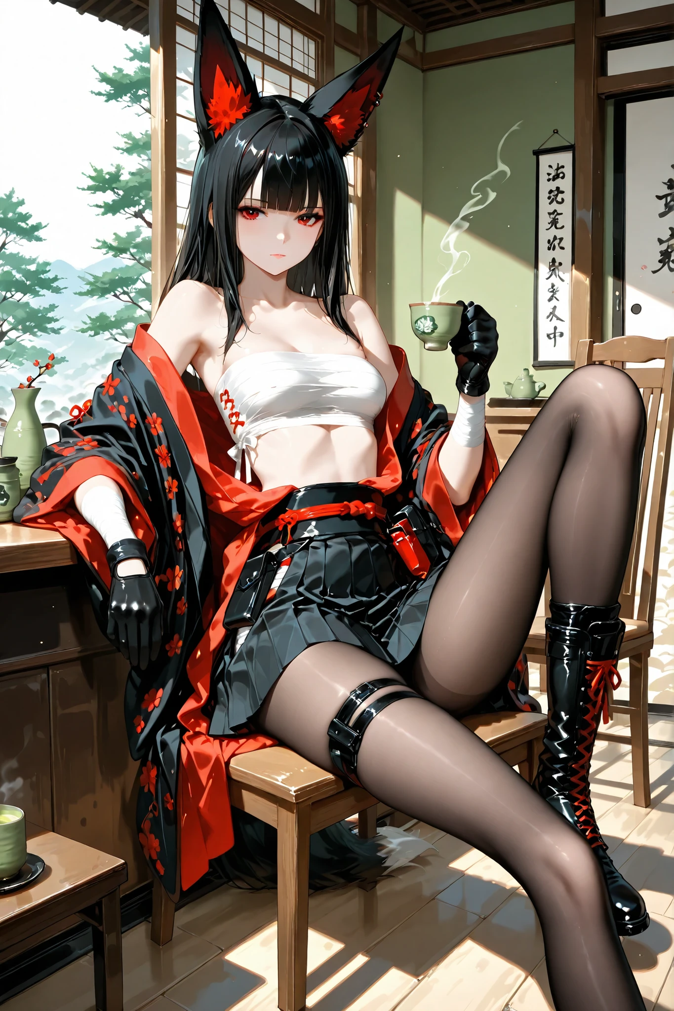 high quality, photography, ultra-detailed, fox-eared warrior girl taking tea break, piercing red eyes with detailed irises, midnight black hair with precise bangs, white sarashi binding, loose kimono top, tactical black mini skirt, arm wrappings, combat-ready black gloves, leg bandages, sleek black pantyhose, boots tucked under chair, contemplative expression while enjoying green tea, traditional Japanese tea shop interior, afternoon light creating warm ambiance