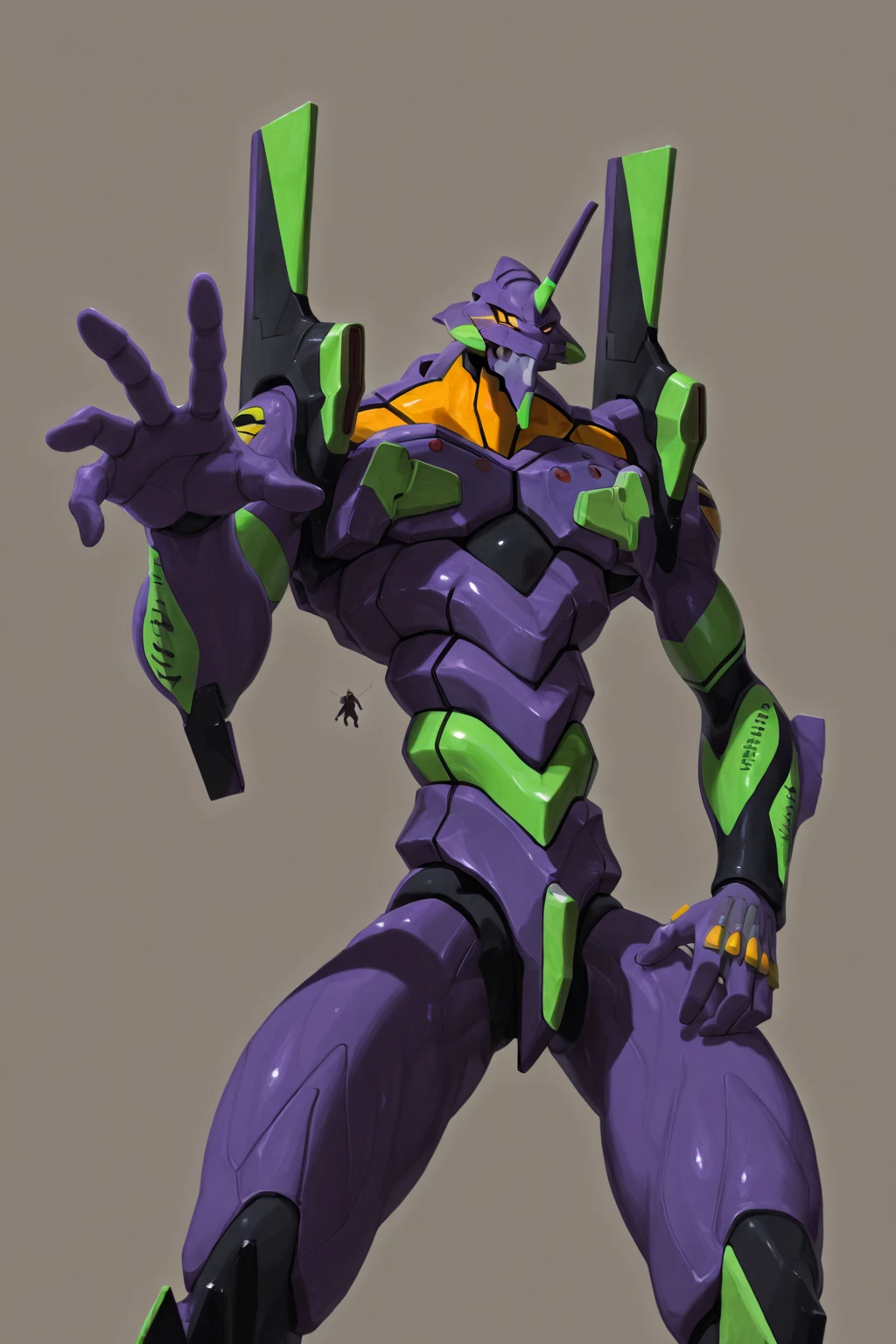 best quality,masterpiece,absurdres,newest,
 <lora:BIOMECHA_XL_R:0.8> ,
(this digital painting depicts a monster that has been mechanically modified:1.2),(bio armor:1.2),(creature),muscular, 
eva 01, solo, simple background, white background, standing, full body, armor, character name, no humans, parody, robot, mecha, science fiction, looking ahead, retro artstyle, style parody, open hands, alien, fusion, redesign, mecha focus, evangelion (mecha), energy cannon