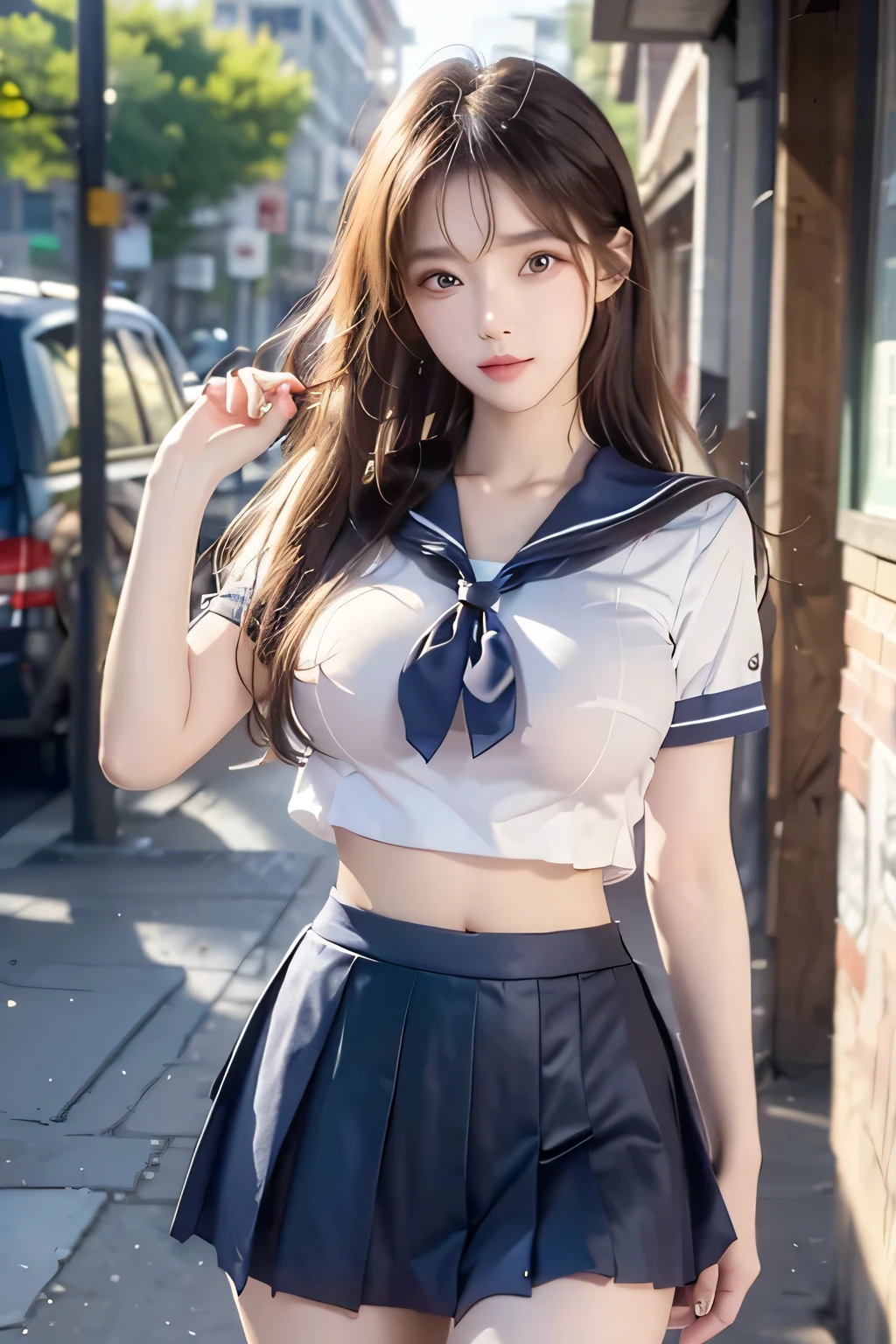 
( Super High Definition), (I'm looking over here), (school uniform:1.2, sailor suit, flared skirt), (Big Breasts:1.2), (Slimness:1.8), ( Read more:1.4), (thin thighs:1.4), ( thin hips:1.6), ( beautiful skin, shiny skin,  white skin), (Super slim face, Super beautiful face, makeup,  Smile :0.8), ( light brown hair,  semi-long,  layered cut ,  fluffy hair), ( big eyes:1.4, High corners of the eyes:1.6,  double eyelids), (Thin eyebrows:0.1), ( small nose:0.6), ( thin lips:0.6), downtown