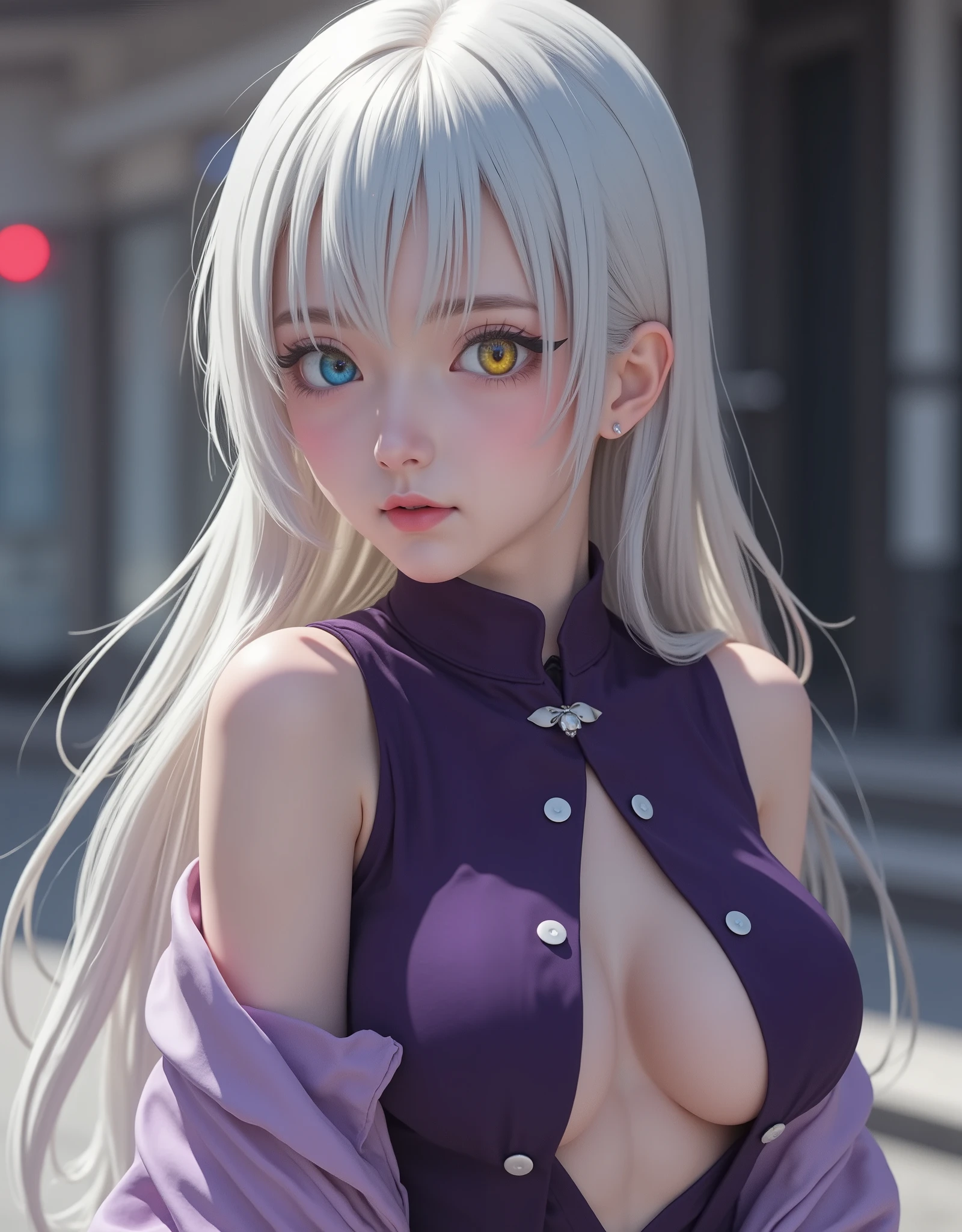 Elizabeth Liones (hyperrealistic) Nanatsu no taizai,white hair,ultra-detailed eyes with ((heterochromia)) yellow gold and blue,emphasized bust,her outfit is a tight sleeveless dark purple shirt with its back exposed with white buttons,wears aa corbata en forma de moño color rosa,perfect body, He wears his ((bare shoulders)),su mano izquierda wears aa (purple sleeve) dark,that contrasts with her (naked right hand),she wears an asymmetric white skirt, revealing their legs, which are accented with a single black thigh-high stocking on his right leg,that contrast sharply with his bare left leg,wears a (white shoe) on his right foot and one (color black) on his left foot,(RAW photo),(photorealistic),(Masterpiece),(high quality),(definition 8k ),(ultra detailed),estilo hyperrealistic,fantasy background, cinematic lighting