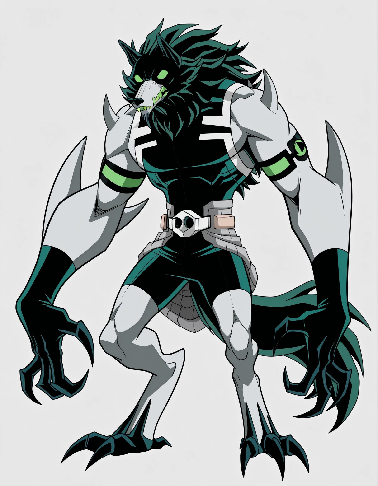 ((Highest Quality)), ((Simple Light Grey Background)), (My Hero Academia style), standing, (1male), (Male), mature male, mature man, solo, toned body, athletic body, Toned body, slender body, thick body, standing, Full body, (Blitzwolfer, anthropomorphic wolf-like creature: 1.4), bipedal, muscular build, dark bluish-gray head, light gray torso, eyes filled in bright green, prominent fangs, spikes on the shoulders, vibrant green and black costume covering the torso and upper legs, white sash around the waist, green armbands, Omnitrix symbol on the , large hands with black claws, digitigrade legs, feet with three toes and black claws, thick tail
:: cartoon style, cel shading, bold outlines, simplified shading, exaggerated proportions, character from the Ben 10 franchise, animated series, clean lines, flat colors
:: even and uniform lighting, no shadows, high contrast
:: dark bluish-gray, light gray, vibrant green, black, white, cool color palette with green accents
:: composition: central figure, dynamic pose, slightly hunched over, arms outstretched, predatory posture, isolated on a pure white background, body view Full-length
:: Front camera view, medium shot
:: Powerful, intimidating, yet heroic atmosphere. Action-oriented
:: High-quality masterpiece, highly detailed, sharp focus