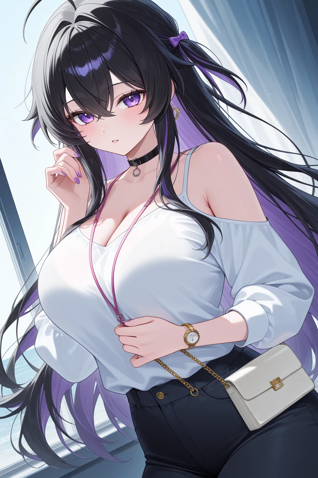 (masterpiece, computer, mejor quality, Clear focus, shadow, of the rays of God, ultra high resolution, 8K, anatomía perfecta, rostro perfecto, (detailed face), (detailed eye), score_9, score_8_above, score_7_above, score_6_above, score_5_above, score_4_above, kilde_ animated, Label 1, Label2, quality_masterpiece, anatomically correct , beautiful face, rostro perfecto, Beautiful and highly detailed face and eyes, Attractive Face , detailed face, delicate facial features, bare shoulders, enormes pechos, breast size cup D or DD, wide hips, gigantic butt, thick thighs. looking at the viewer. fantastic environment. anime-style illustration with an elegant, slim build and pronounced bust, with an attractive appearance and a shy expression, with blushed cheeks and a look to the side. She has long hair in shades of gradient from dark brown to pink violet, with a fringe long bra that partially covers one of her eyes. His eyes are big, of bright purple color, conveying an air of sweetness and shyness. She wears an elegant lingerie set in shades of white, black and gray with lace details. Her white bra with floral lace framed in black, her bust, while wearing a semitransparent black garment with a red ribbon in the center that falls on her abdomen. completes the outfit, a black panties with thin straps and details in red. Besides, wears a black choker-type necklace fitted to the neck, which adds a sensual and modern touch. The young woman is standing in a room illuminated by natural light that enters through white curtains. The art style is highly detailed, with a focus on soft skin tones, realistic glows on the hair and clothing, and a warm and welcoming environment.