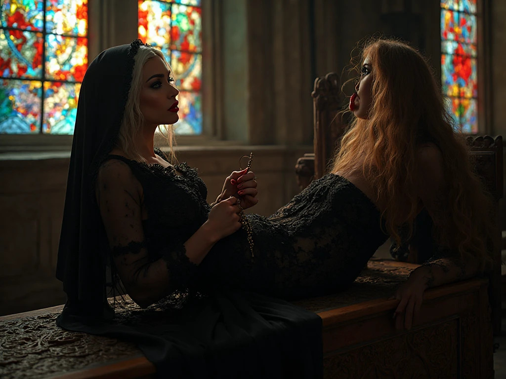 2 women, Face Veiled in Black Lace Female Demonic Nightmare straddling+riding sleeping woman, creepy nighttime, darkness, dark room, circle of candles