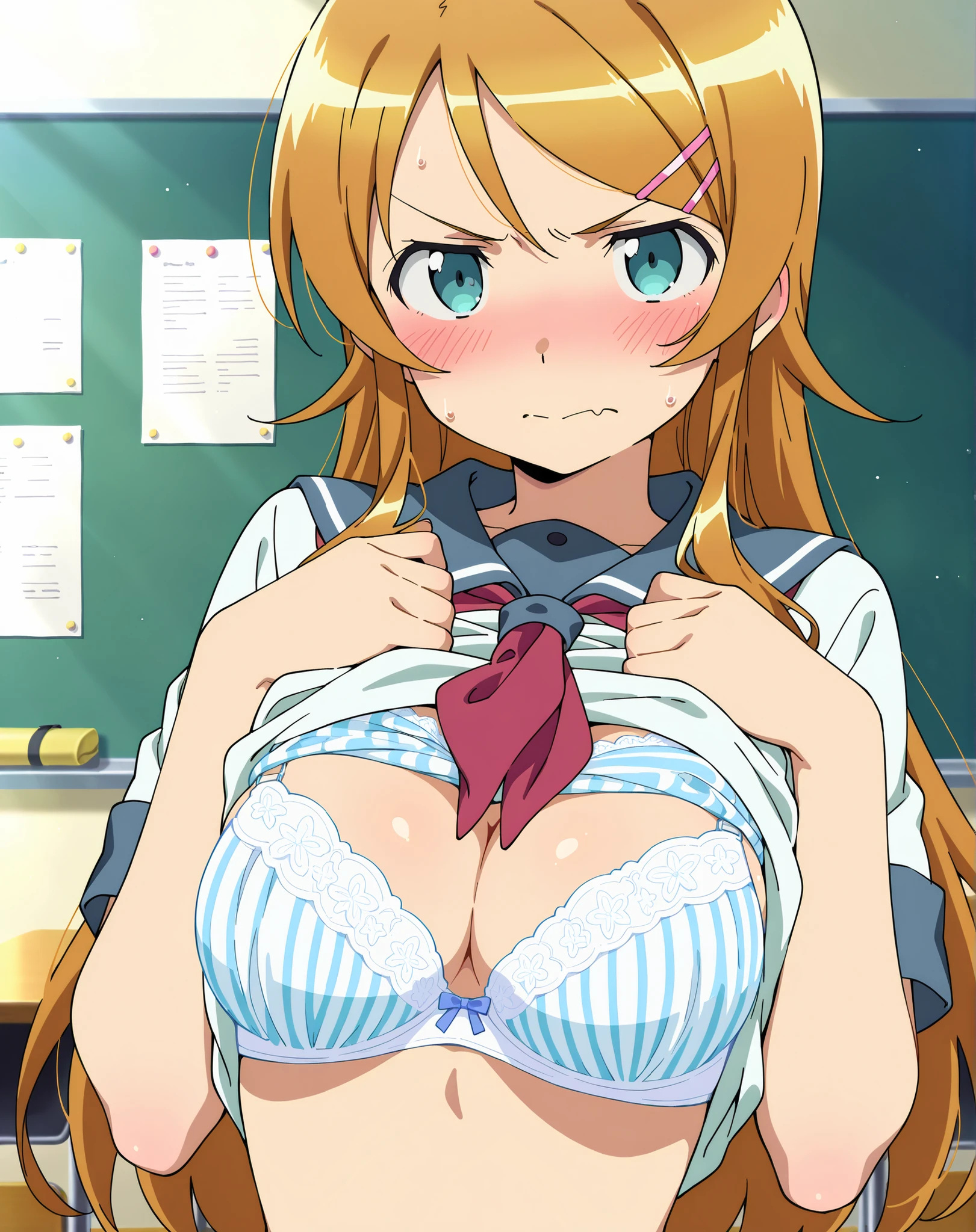 nsfw,masterpiece, super fine illustration, best quality,[anime styled],[official art],(anime screencap,cel shading),anime coloring,absurdres,1girl,solo,kousaka kirino,long hair, hair ornament, hairclip,light orange hair, aqua eyes,serafuku,white shirt,short sleeves, red neckerchief,(blue striped bra),BREAK ,indoor,classroom,(white bra),,BREAK ,indoor,BREAK 1girl, solo, blush,angry,closed mouth, shirt lift,presenting breasts, in heat, looking at viewer,