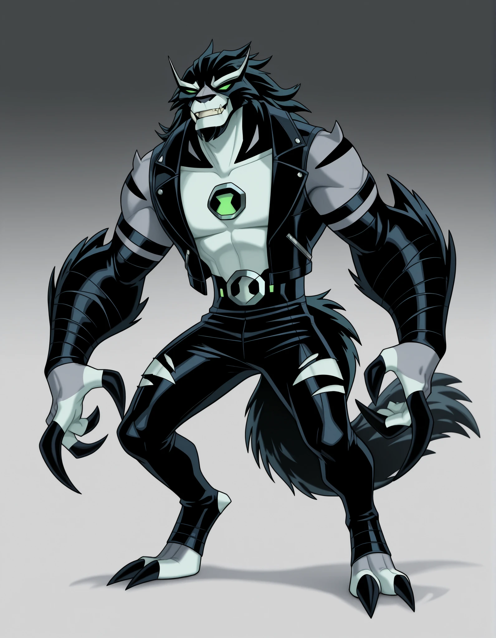 ((Highest Quality)), ((Simple Light Grey Background)), (My Hero Academia style), standing, (1male), (Male), mature male, mature man, solo, toned body, athletic body, Toned body, slender body, thick body, standing, Full body, inhuman creature, inhuman loboan monster, inhuman loboan monster creature, inhuman monster creature, inhuman loboan form, inhuman loboan monster, inhuman monster form, inhuman form, loboan form, loboan monster, loboan creature, inhuman appoplexian monster, inhuman appoplexian monster creature, inhuman appoplexian form, inhuman appoplexian monster, appoplexian form, appoplexian monster, appoplexian creature, monster form, monster creature, evil grin, evil face, Evil expression, Green eyes, Half-closed eyes, Evil look, fangs, pronounced fangs, lower fangs, tusk, lower tusk, pronounced tusks, claws, sharped claws, claws on hands, claws on feet, sharped fangs, sharped tusk, two-tone fur skin, two-tone fur-skinned male, two-tone fur-skinned, grey and black skin, grey and black skinned, grey and black skinned male, fur skin, fur-skinned, fur-skinned male, two-tone skin, two-tone-skinned, two-tone-skinned male, black strapped pattern skinned arms, black strapped pattern skinned legs, black strapped pattern skinned torso, black strapped pattern skinned head, wide jaws, ((quadruped)), (((fusion between Rath and Blitzwolfer))), ((pronounced one single knuckle black Claw in each hand)), ((Hunched posture)), (long tail), ((fur tail)), ((loboan Tail)), ((loboan Snout)), ((Blitzwolfer snout)), ((Rath's Legs)), (black torn leather jacket), (black long torn leather sleeves), (black torn leather pants), (black bandaged toeless Footwear),