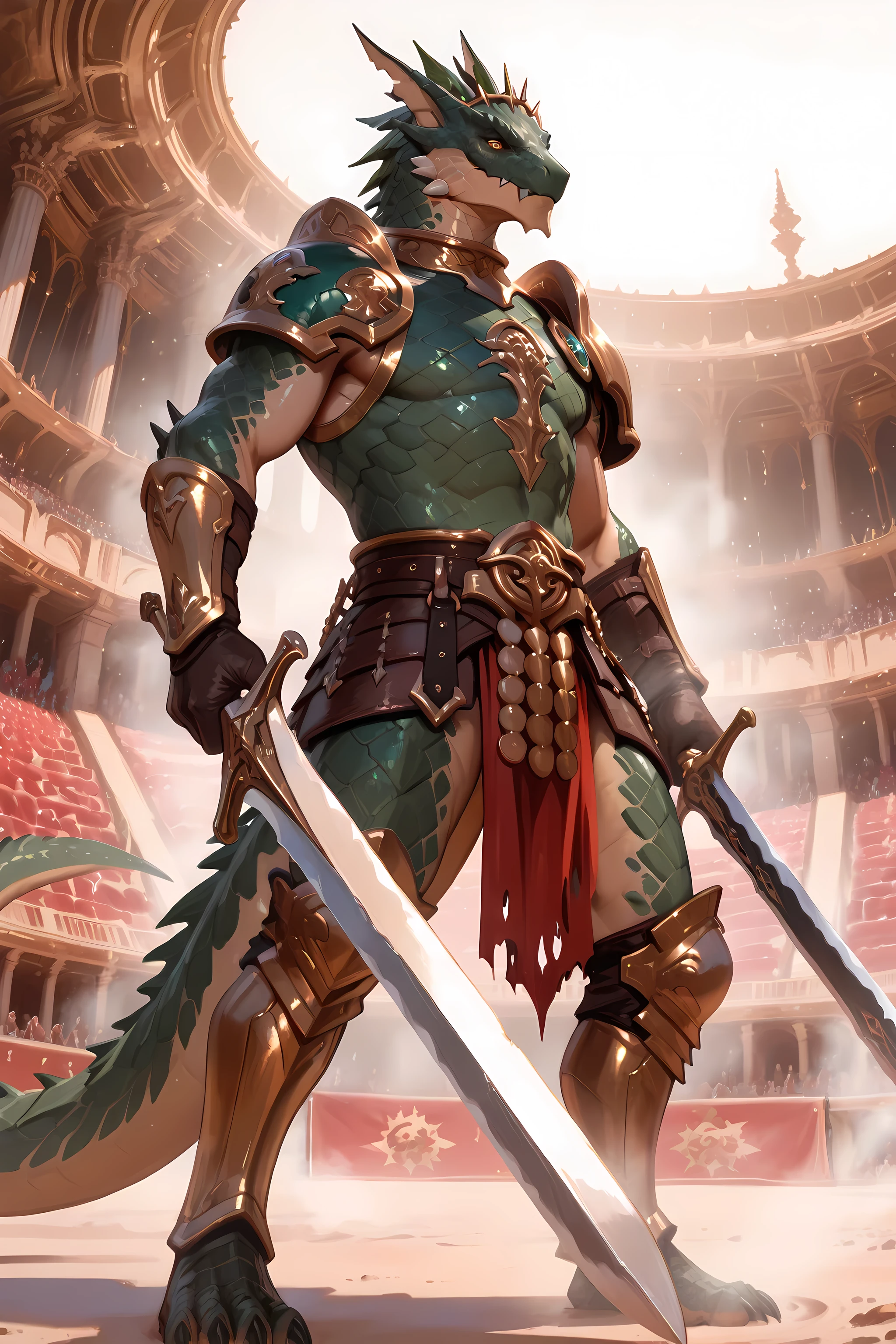 Full portrait of a male Lizardfolk warrior, a tall and powerful reptilian creature with a body covered with thick dark green scales with shades of ocher, lizard head with an elongated snout, visible fangs, torn yellow eyes and a crest of small thorns on the head. Its anatomy is clearly reptilian: muscular arms with claws, strong tail and upright but predatory posture. It carries a Roman gladiator armor adapted to his scaly body: ornate metal chest, bronze shoulder pads , leather skirts with rivets, greaves and greaves decorated with battle motifs. Wield a large two-handed sword inspired by the Roman Gladius, with wide and short blade, designed for powerful blows. The stage is an ancient coliseum, the sun bathes the sand while the audience roars. epic style, realistic and cinematic, with great detail on the scales, the aged metal and the texture of the leather. Heroic fantasy illustration, dramatic light, dusty atmosphere