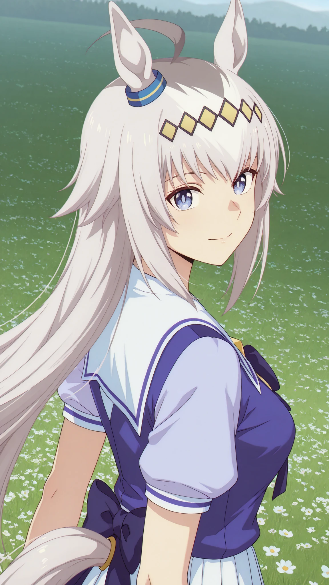 blooms alone, 1 girl, Source Anime, Oguri Cap, long hair, , gray hair, Hair Accessories, Dark Blue Eyes, Horse ears,  has a tail , Medium Breasts, Wear a light purple short-sleeved student shirt, Stand sideways, smile, Facing Back ,  background meadow, close-up, high-angle image