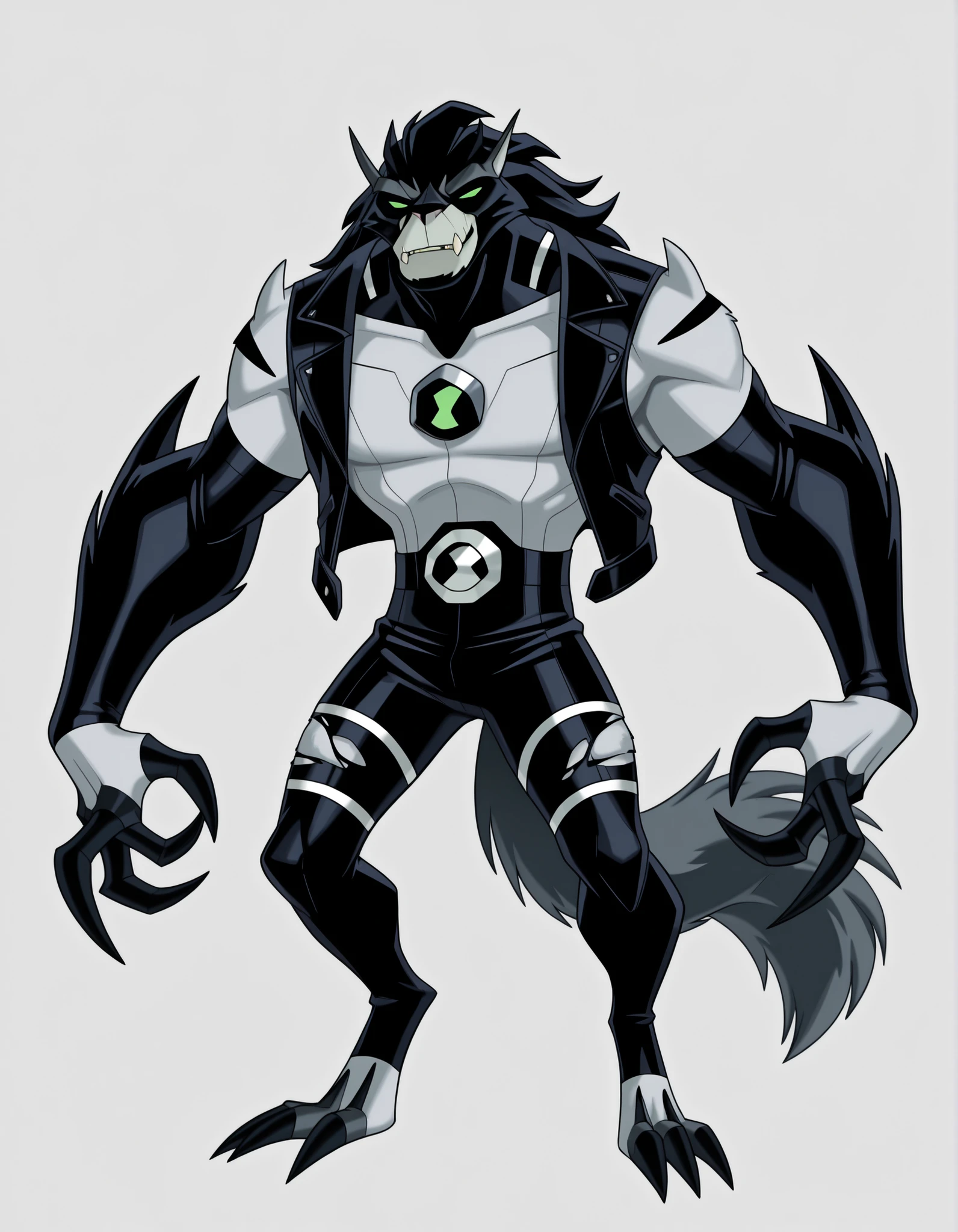 ((Highest Quality)), ((Simple Light Grey Background)), (My Hero Academia style), standing, (1male), (Male), mature male, mature man, solo, toned body, athletic body, Toned body, slender body, thick body, standing, Full body, inhuman creature, inhuman loboan monster, inhuman loboan monster creature, inhuman monster creature, inhuman loboan form, inhuman loboan monster, inhuman monster form, inhuman form, loboan form, loboan monster, loboan creature, inhuman appoplexian monster, inhuman appoplexian monster creature, inhuman appoplexian form, inhuman appoplexian monster, appoplexian form, appoplexian monster, appoplexian creature, monster form, monster creature, evil grin, evil face, Evil expression, Green eyes, Half-closed eyes, Evil look, fangs, pronounced fangs, lower fangs, tusk, lower tusk, pronounced tusks, claws, sharped claws, claws on hands, claws on feet, sharped fangs, sharped tusk, two-tone fur skin, two-tone fur-skinned male, two-tone fur-skinned, grey and black skin, grey and black skinned, grey and black skinned male, fur skin, fur-skinned, fur-skinned male, two-tone skin, two-tone-skinned, two-tone-skinned male, black strapped pattern skinned arms, black strapped pattern skinned legs, black strapped pattern skinned torso, black strapped pattern skinned head, wide jaws, ((quadruped)), (((fusion between Rath and Blitzwolfer))), ((pronounced one single knuckle black Claw in each hand)), (long tail), ((fur tail)), ((loboan Tail)), ((loboan Snout)), ((Blitzwolfer snout)), ((Rath's Legs)), (black torn leather jacket), (black long torn leather sleeves), (black torn leather pants), (black bandaged toeless Footwear),